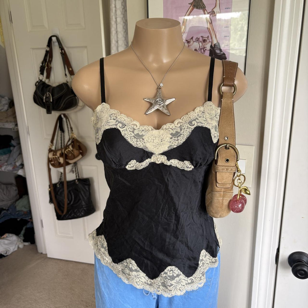 y2k 2000s Express silk black cream lace  cami top