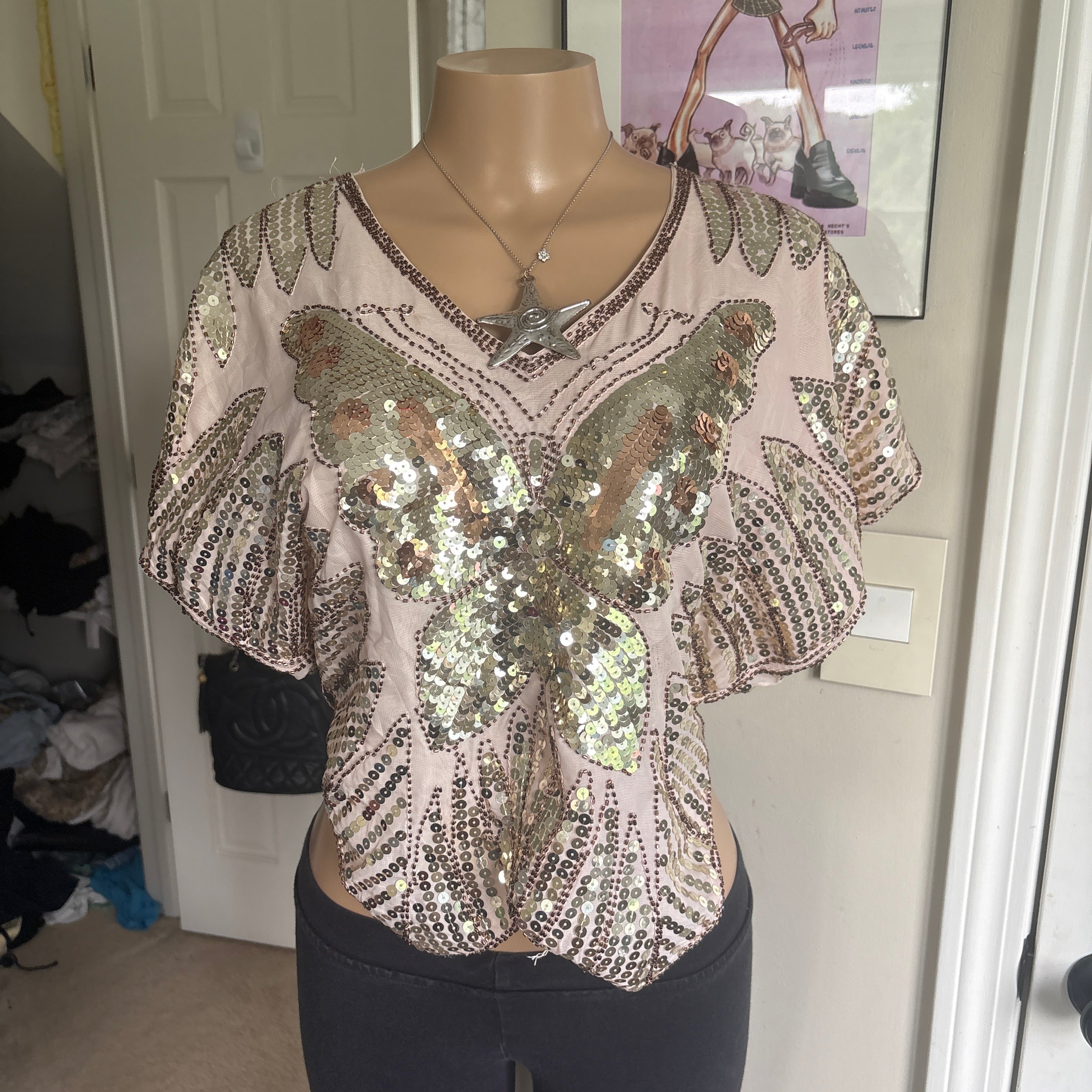 00s butterfly sequin batwing poncho top (size M)