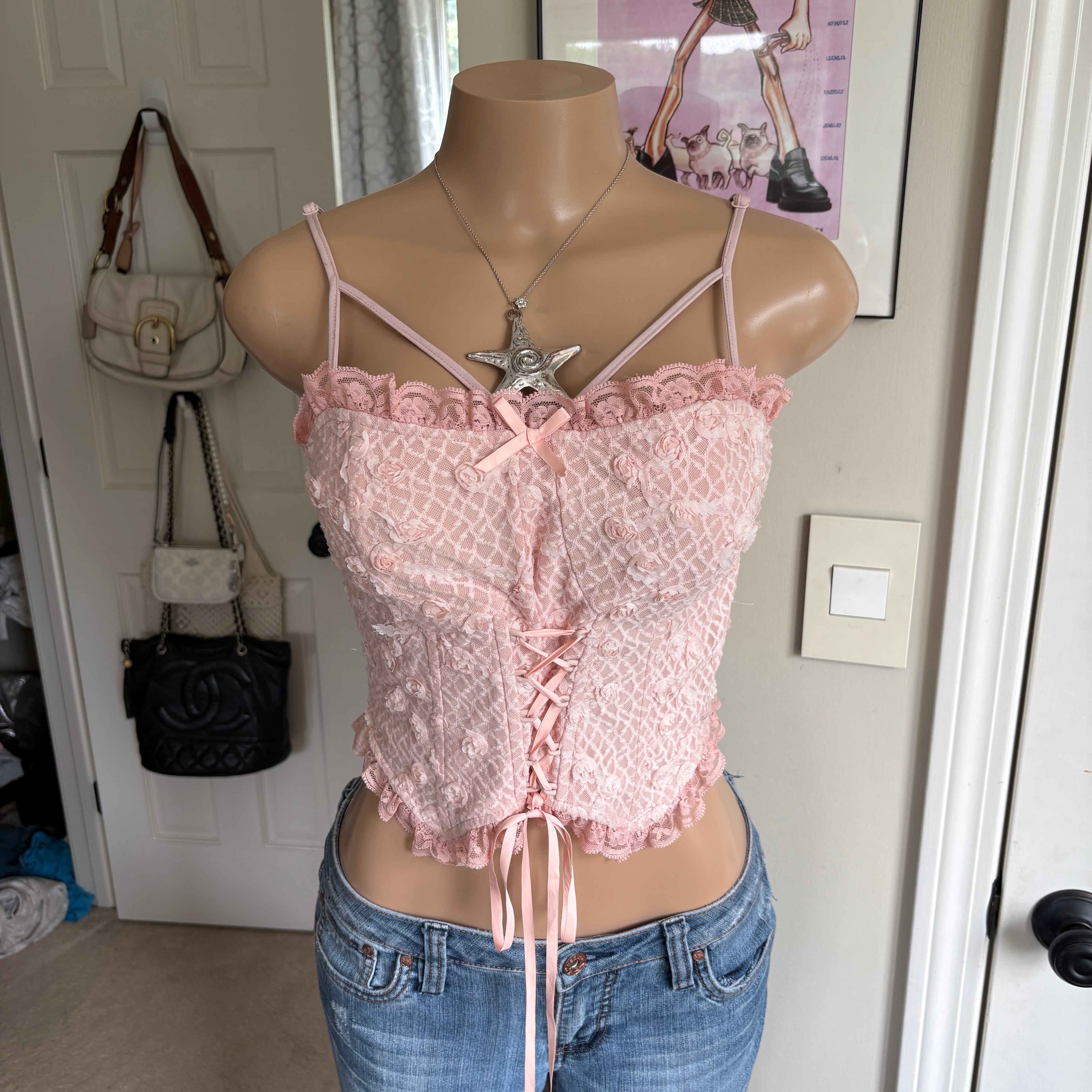 00s pink bow lace corset cami (size M/L)