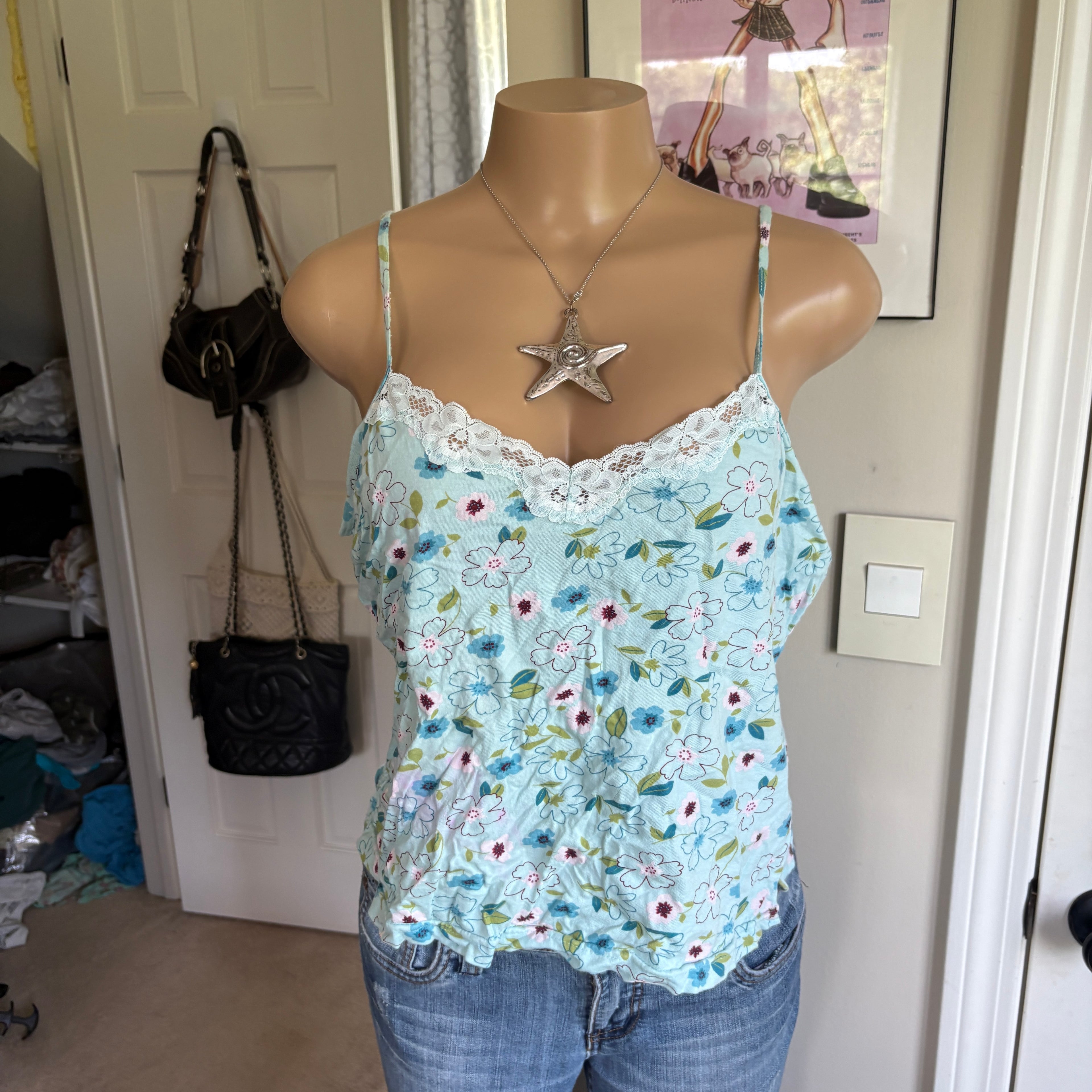 00s blue floral cotton tank (size XL)