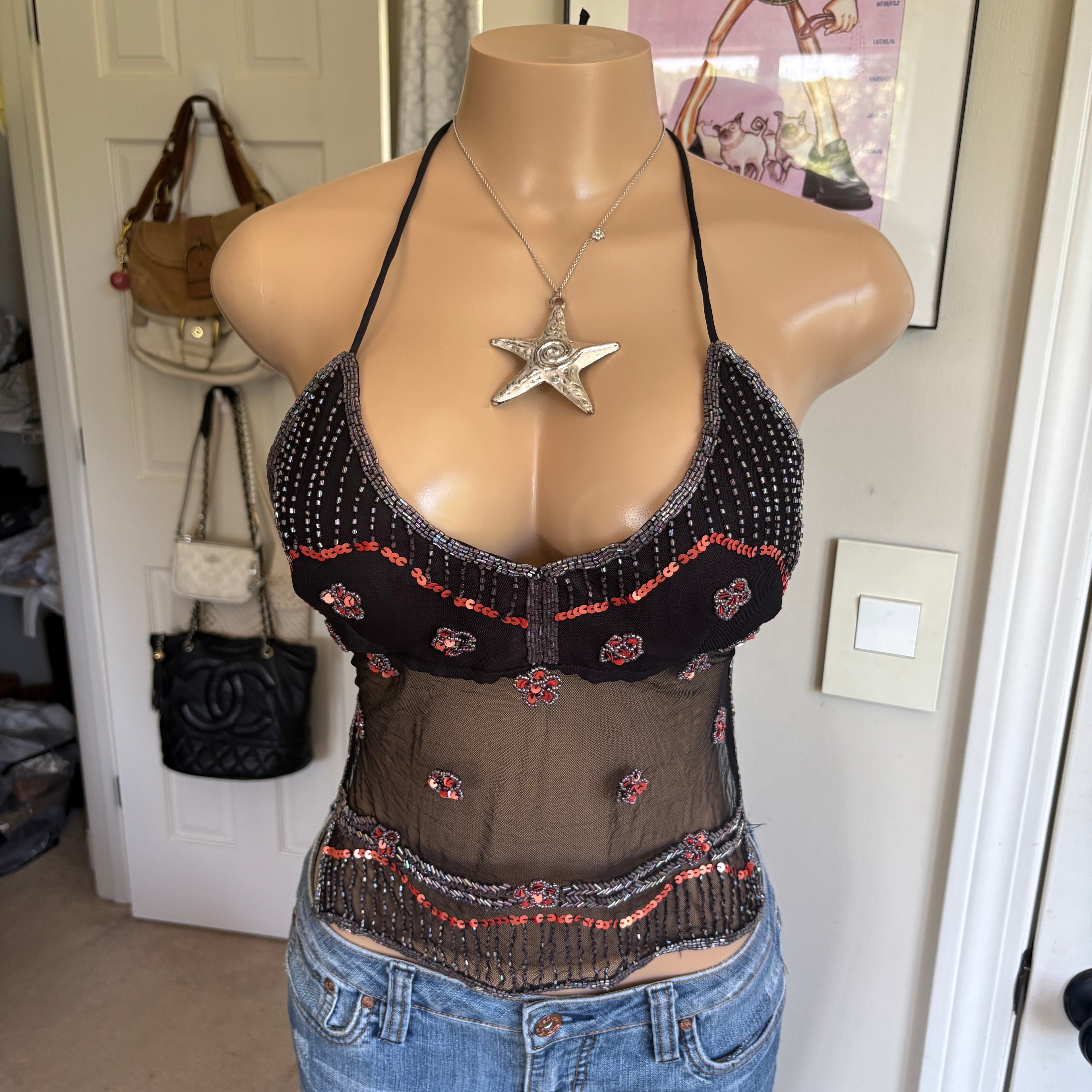 00s black & orange beaded halter top (size S)