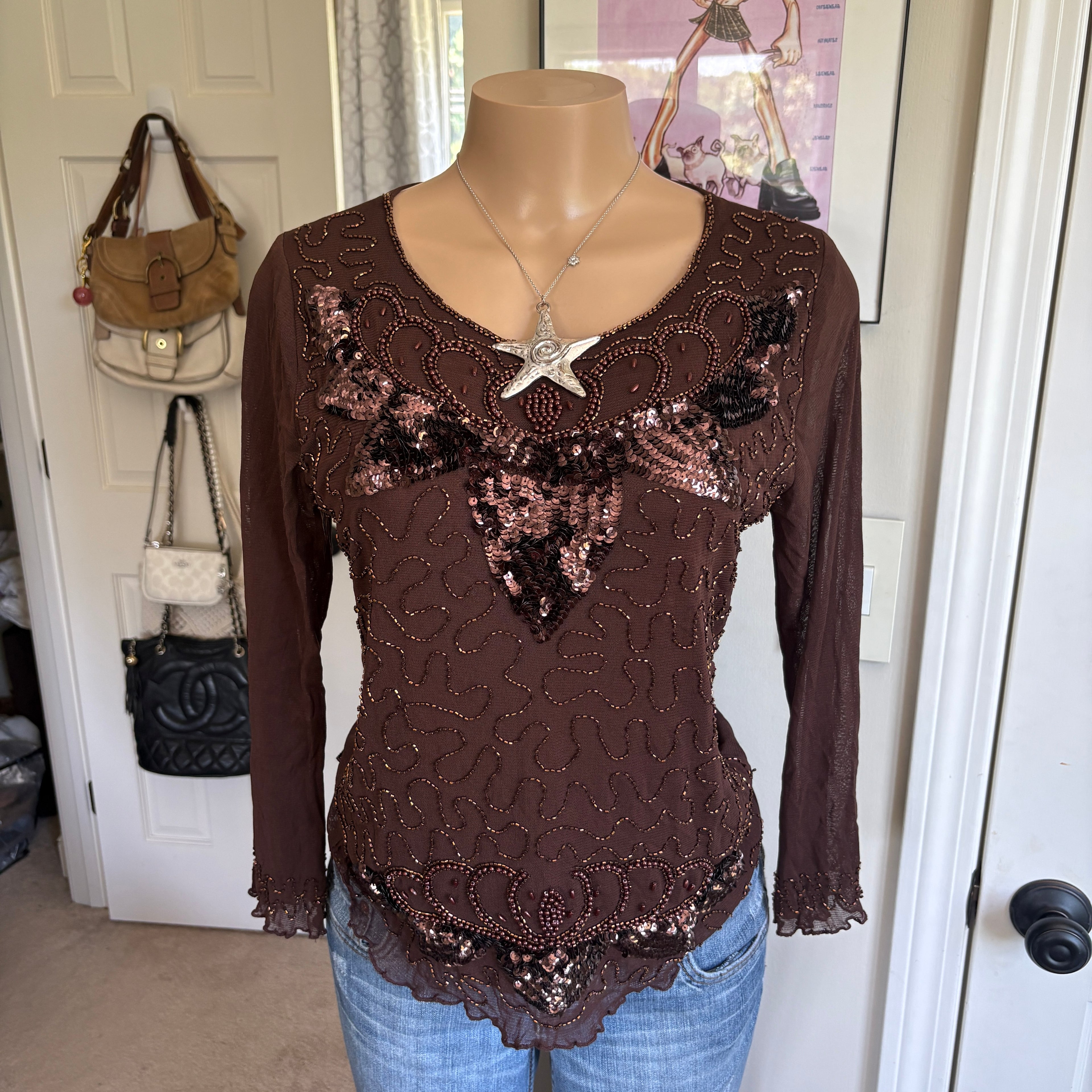 00s brown beaded long sleeve (size M/L)