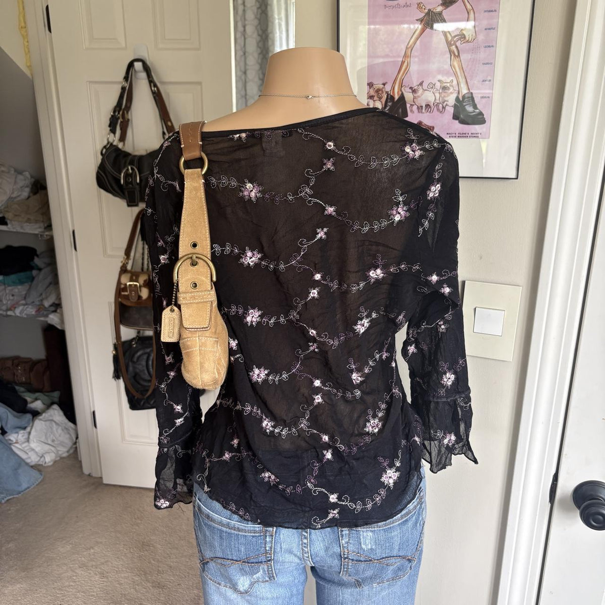 y2k 2000s black floral mesh wrap long sleeve surplice top