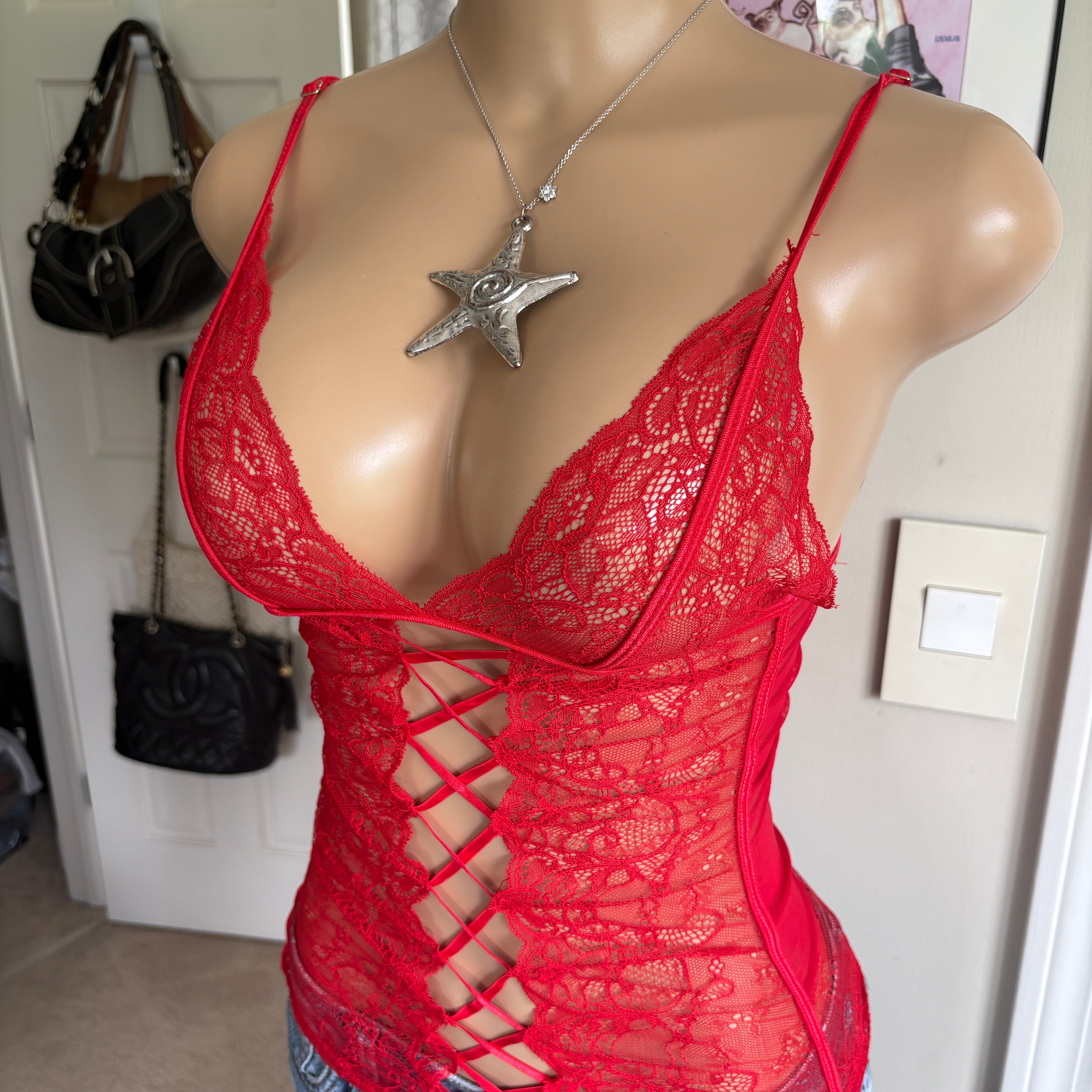 00s Ann Summers red lace up top (size S)