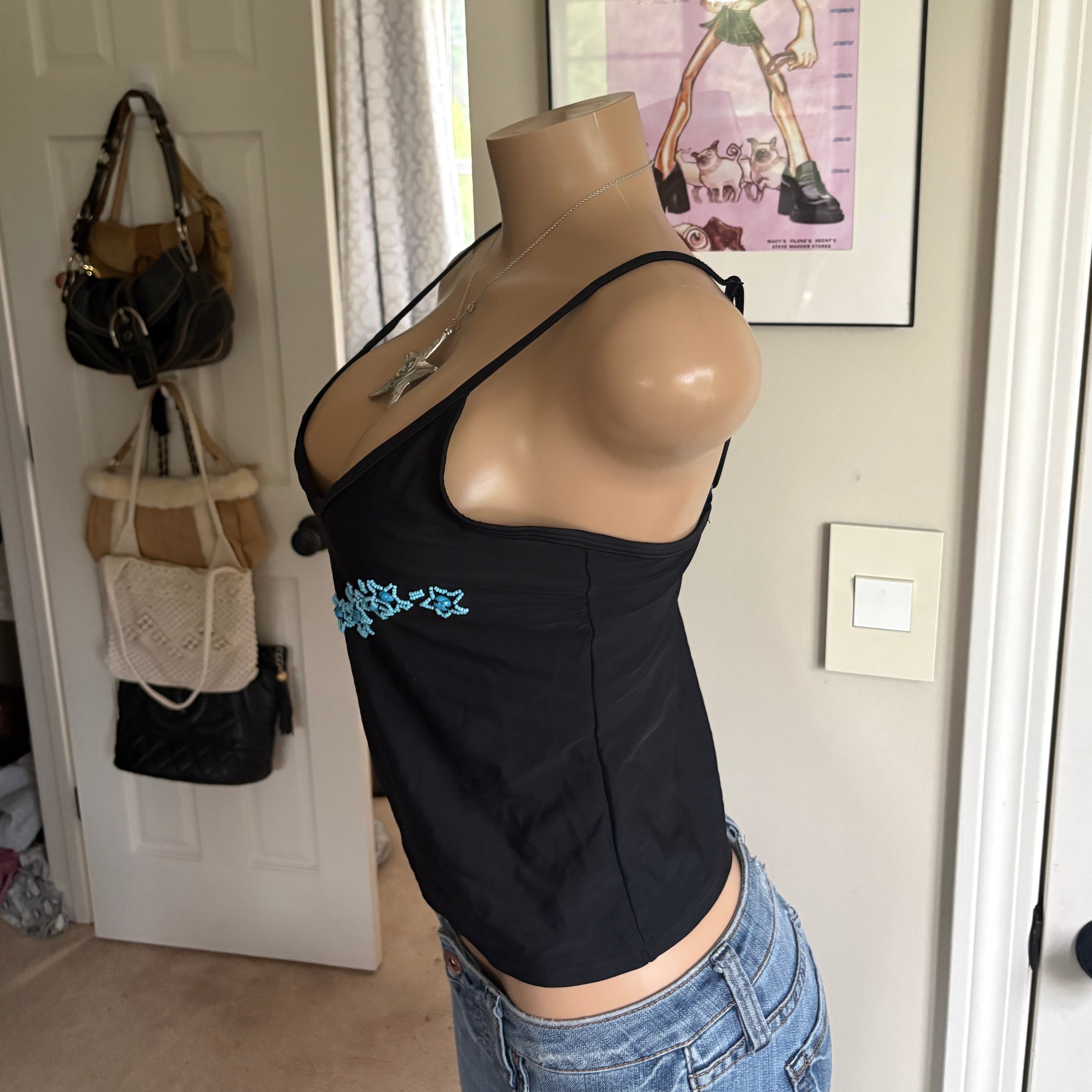 00s black & blue floral beaded tank (size L)