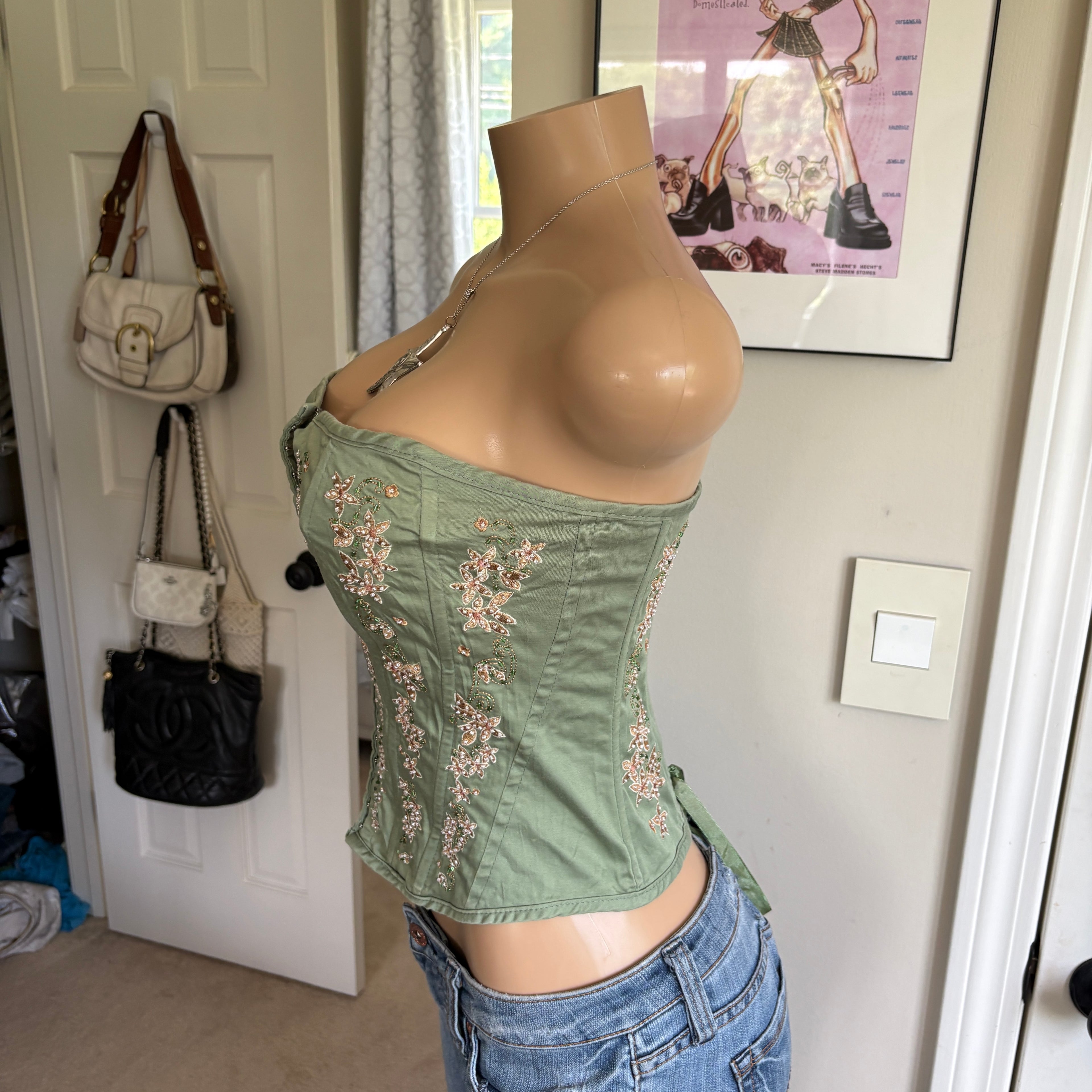 00s sage green & pink floral beaded corset top (size S)