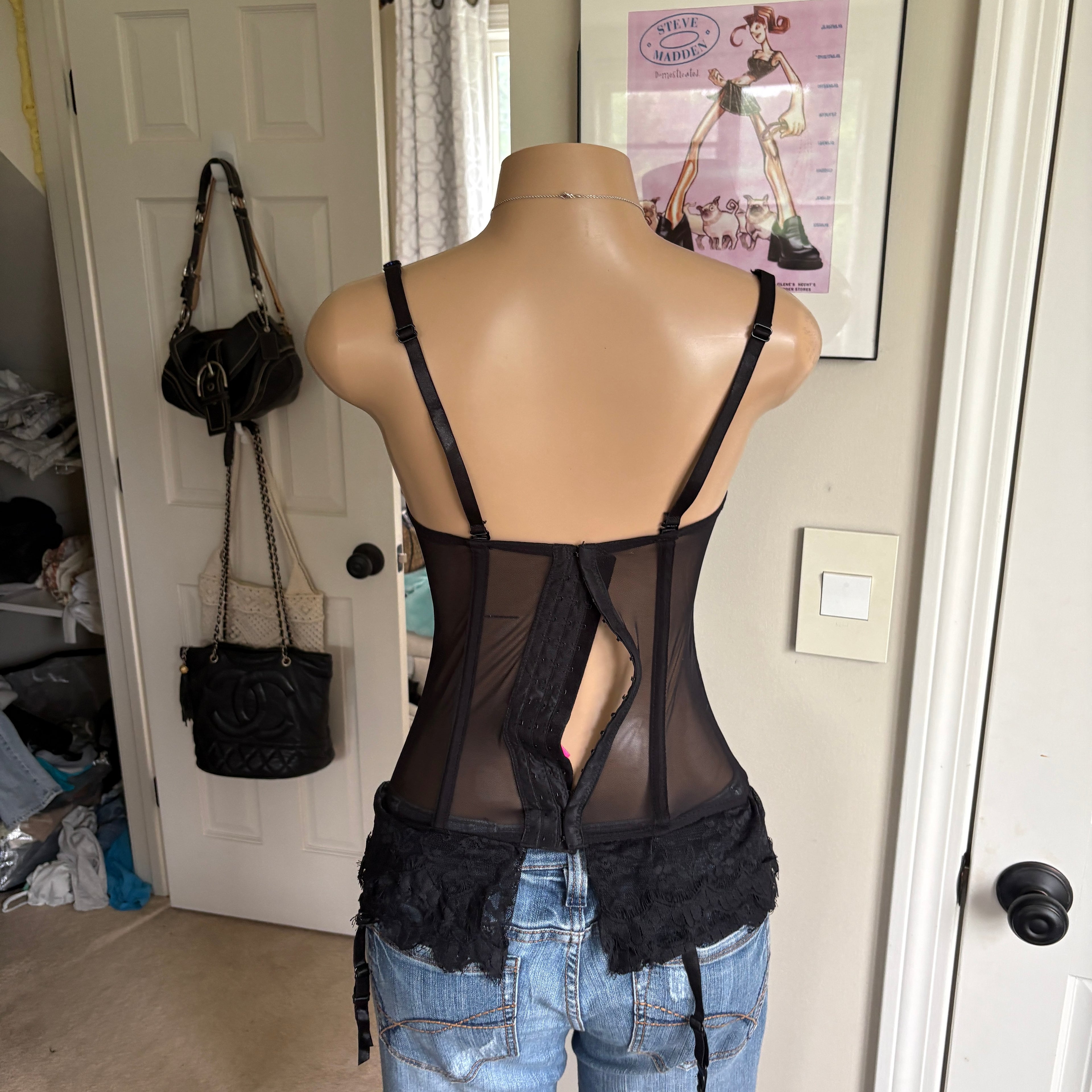 00s blue & black lace bustier corset top (size L)