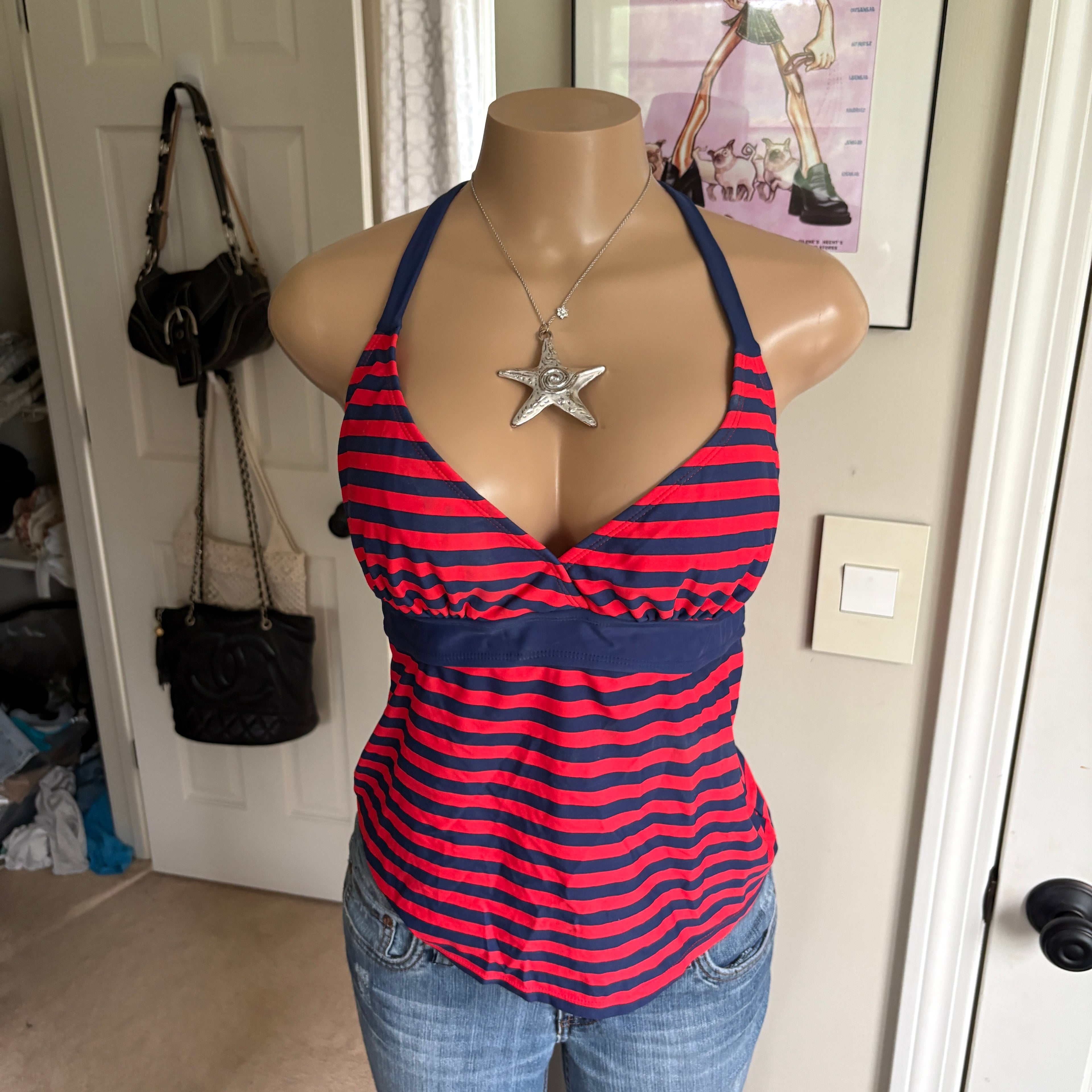 00s red and navy striped halter top (size S)