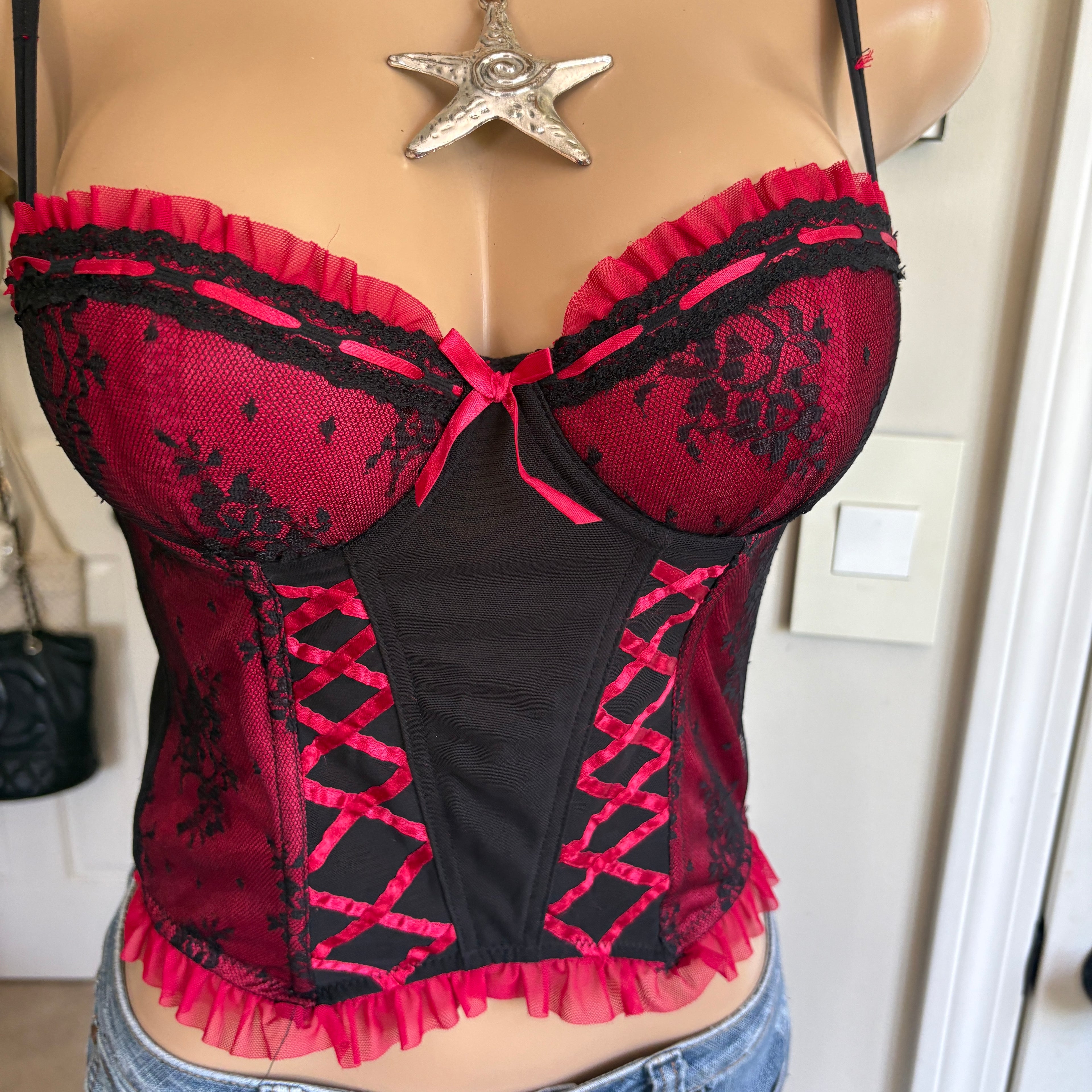 00s red & black lace floral corset top (size 34B)