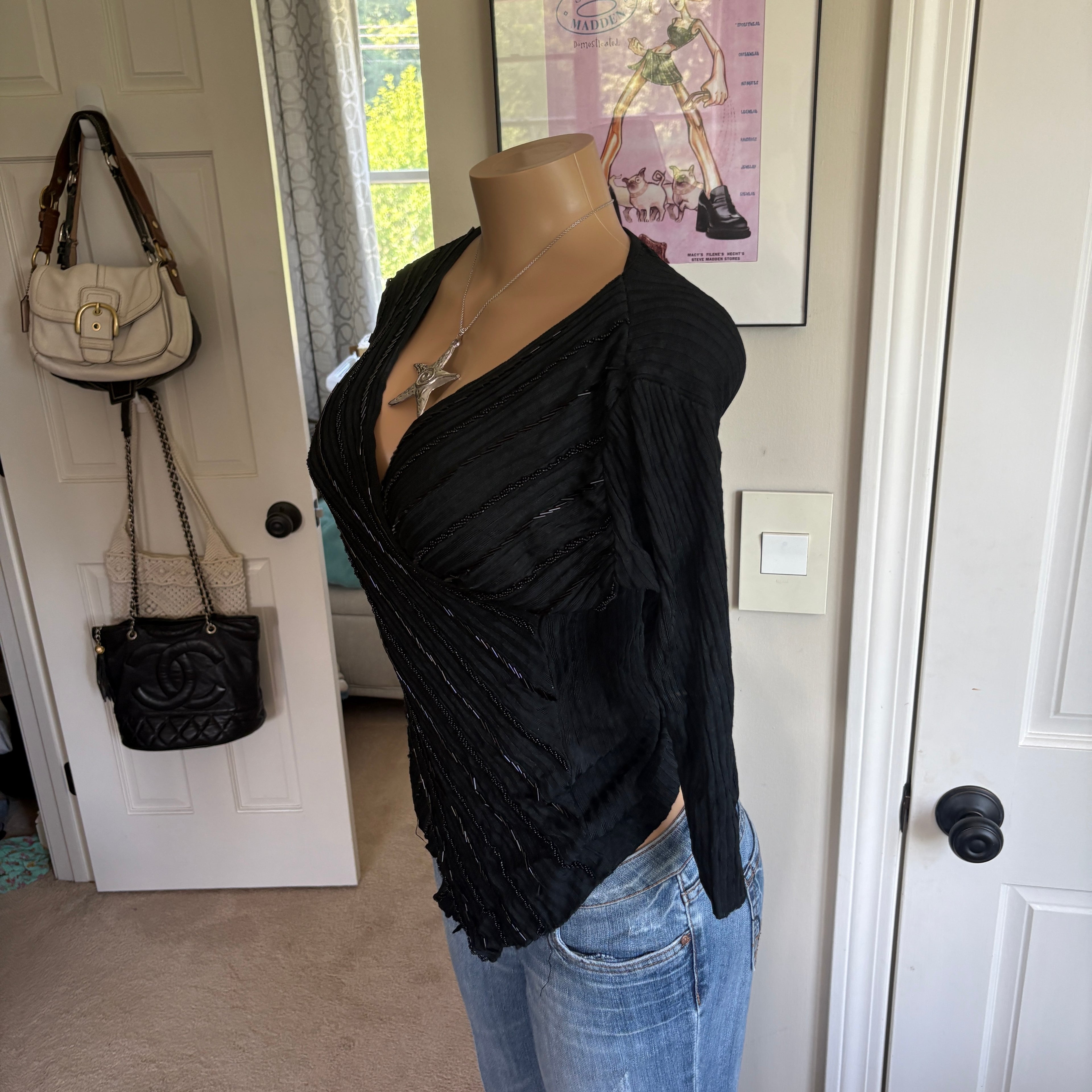 00s black beaded floral v neck wrap top (size L)