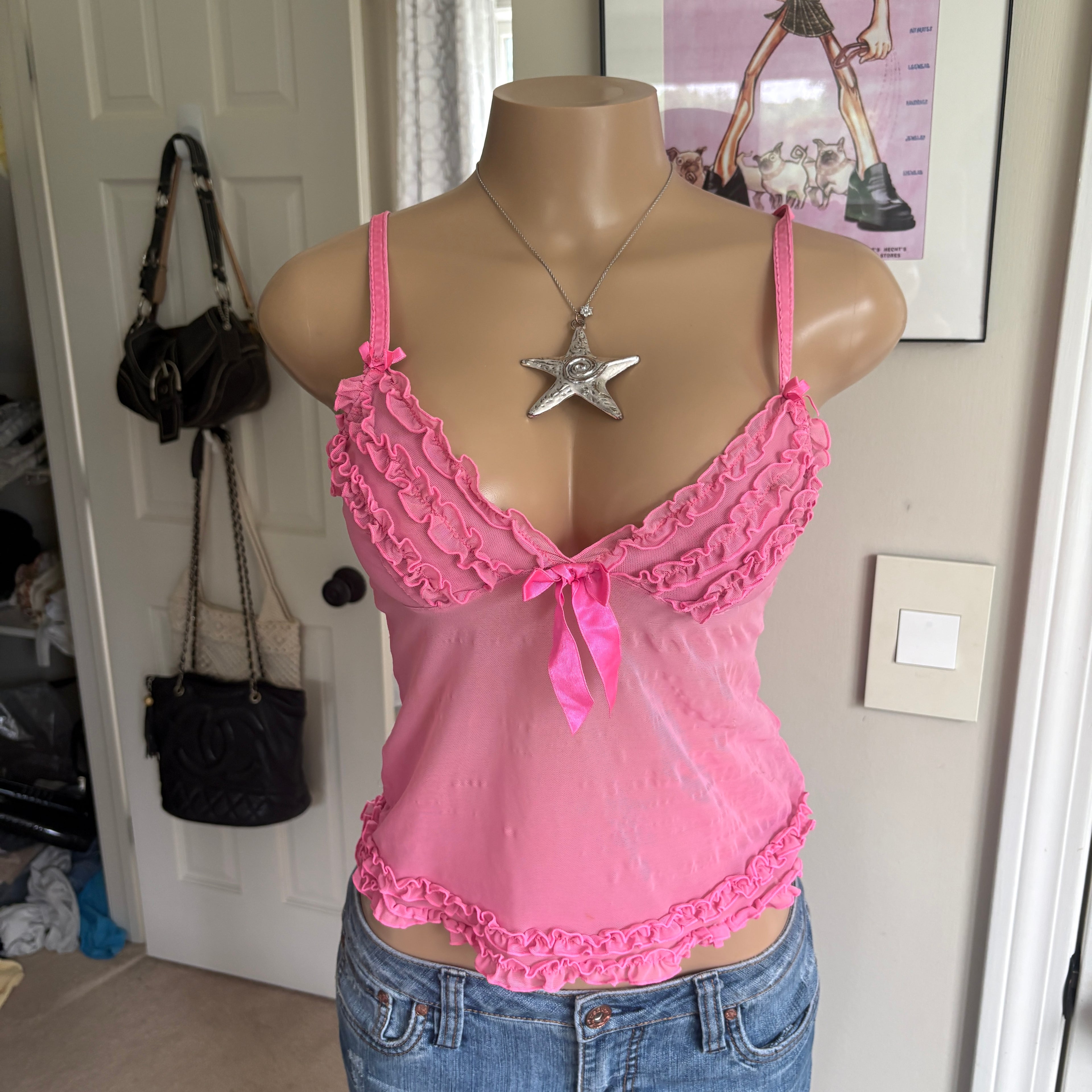 00s pink ruffle lingerie cami (size M)