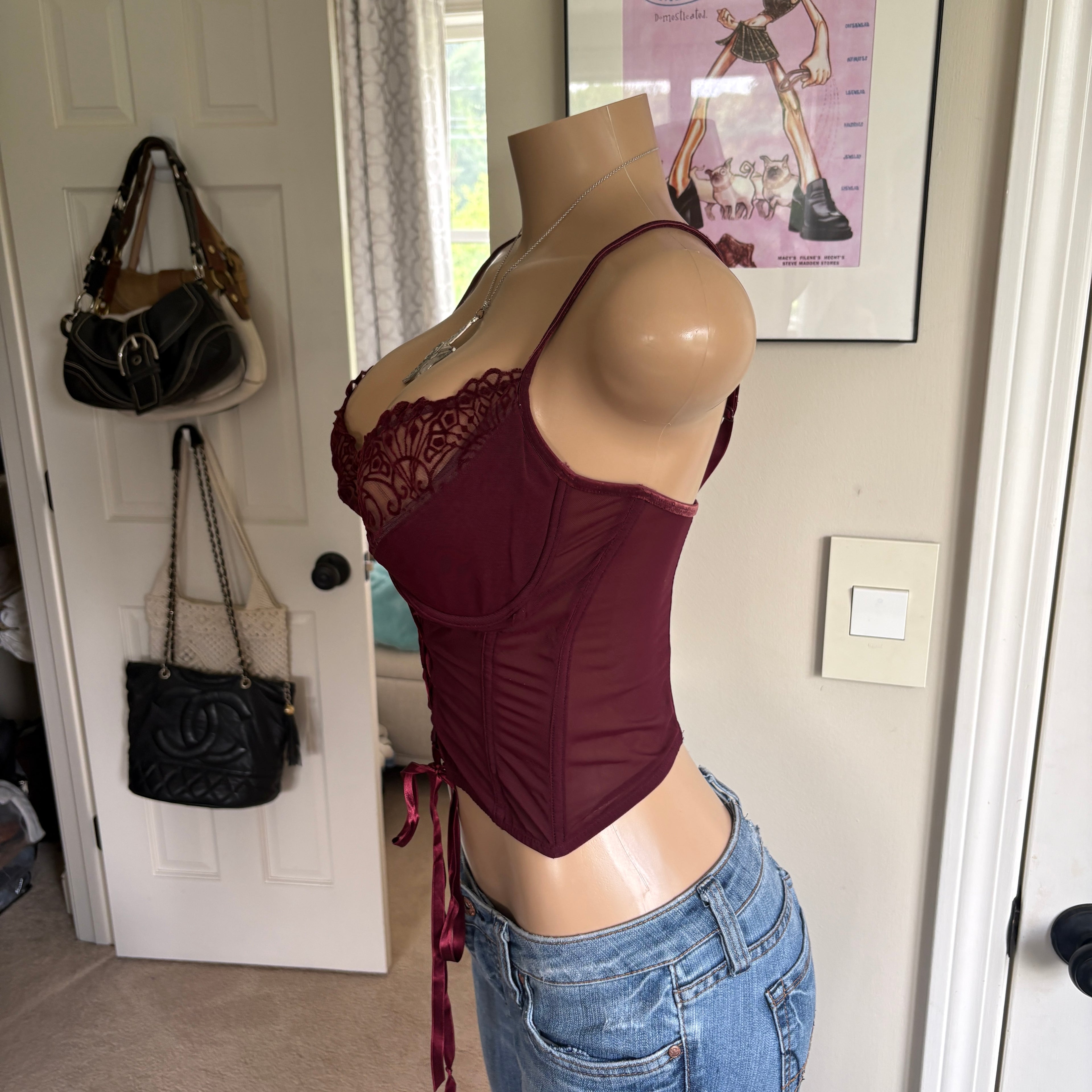 00s burgundy lace corset top (size M)