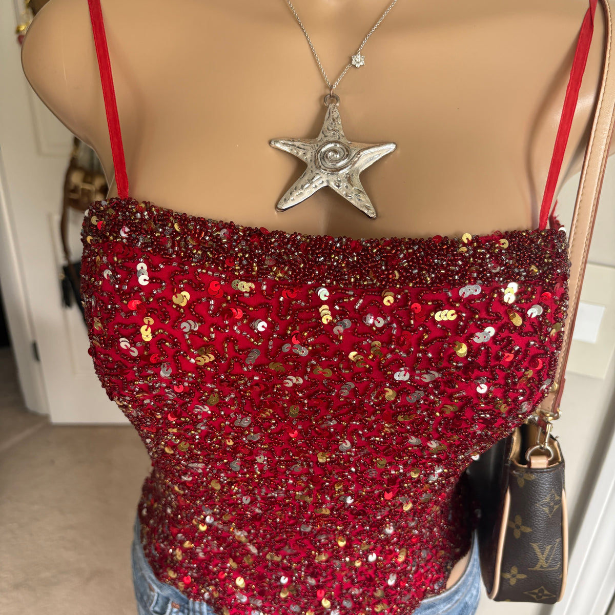 00s beaded red silk tank top (size M)