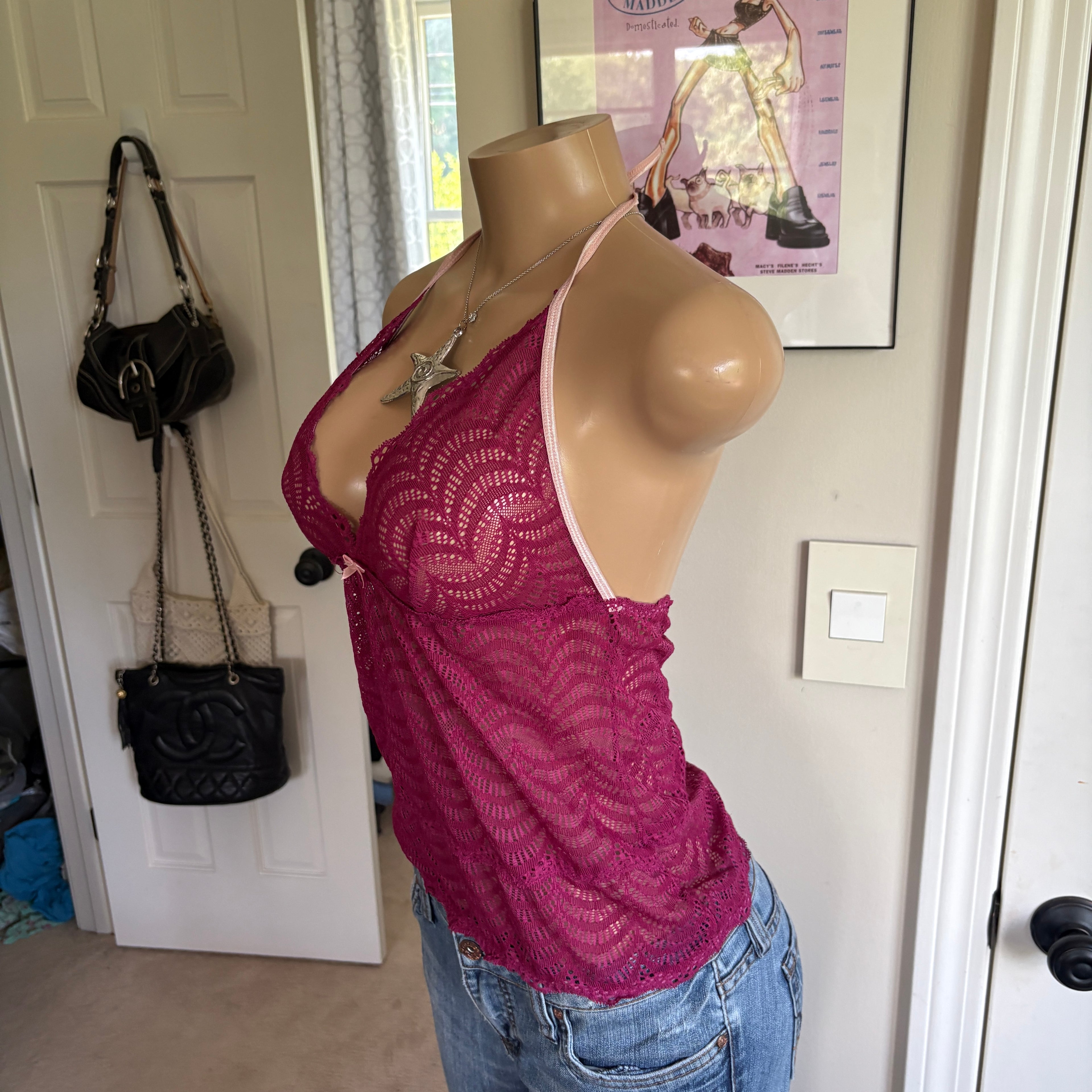00s magenta mesh bow halter top (size L)