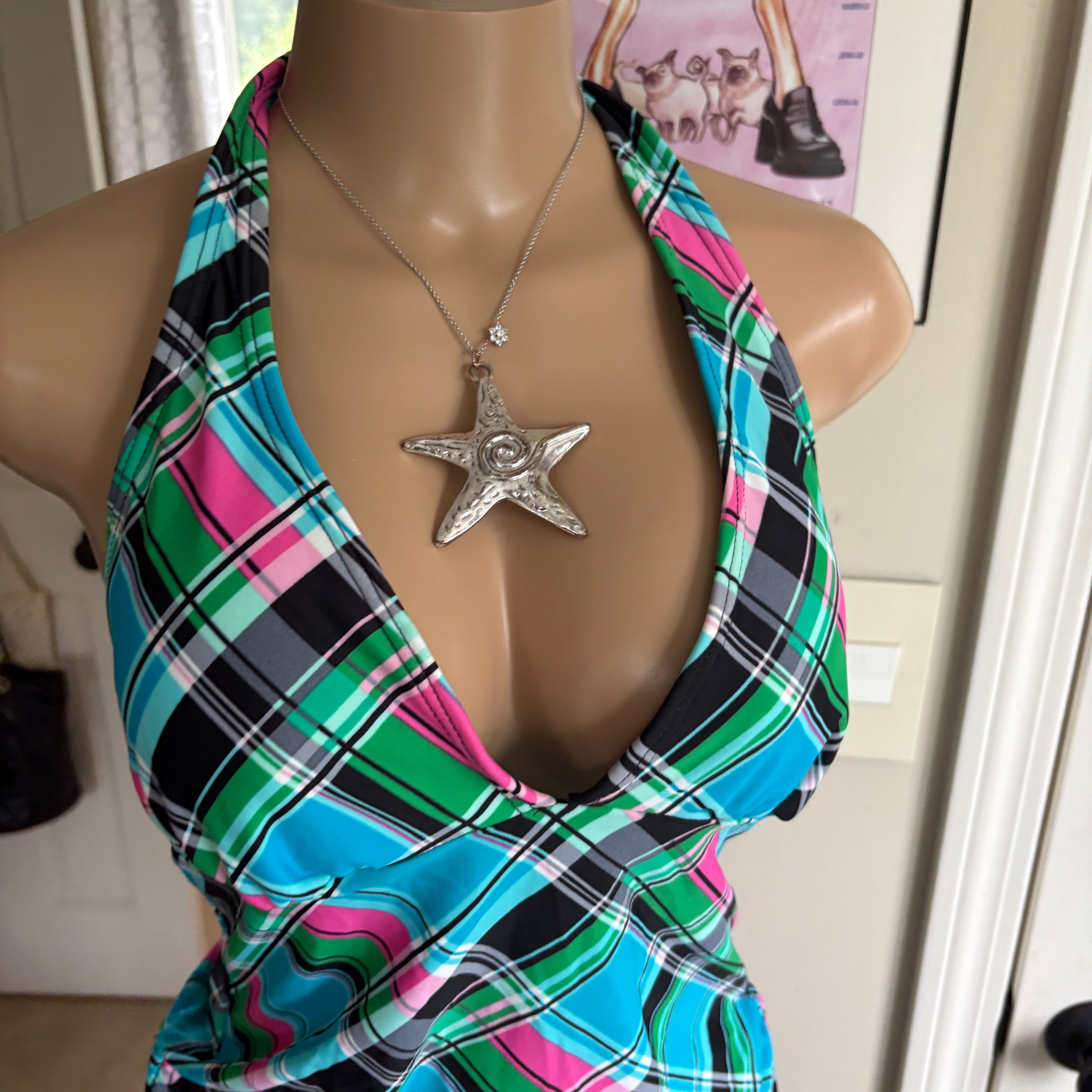 00s blue plaid halter top (size M)