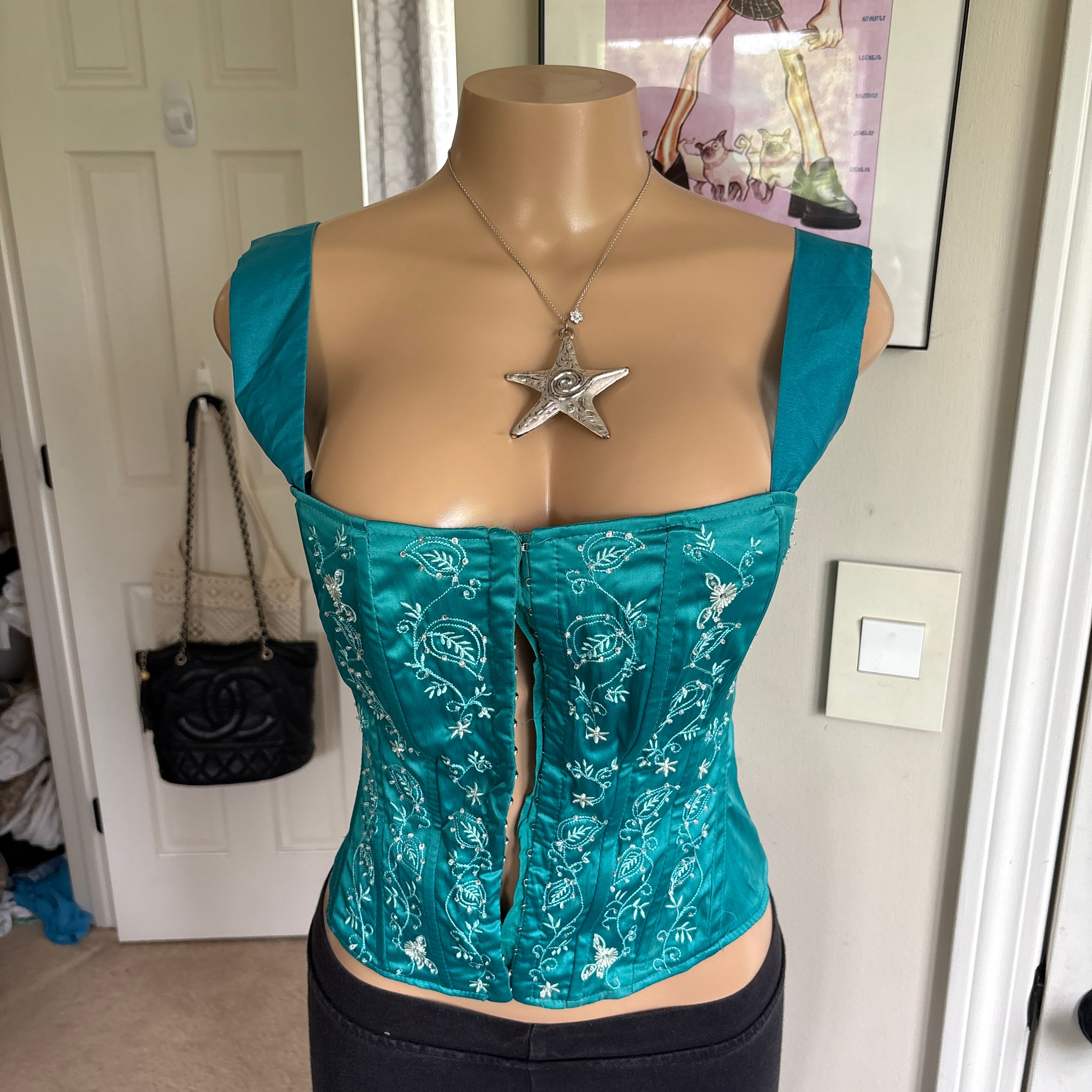 00s turquoise floral embroidered corset tank top (size S)