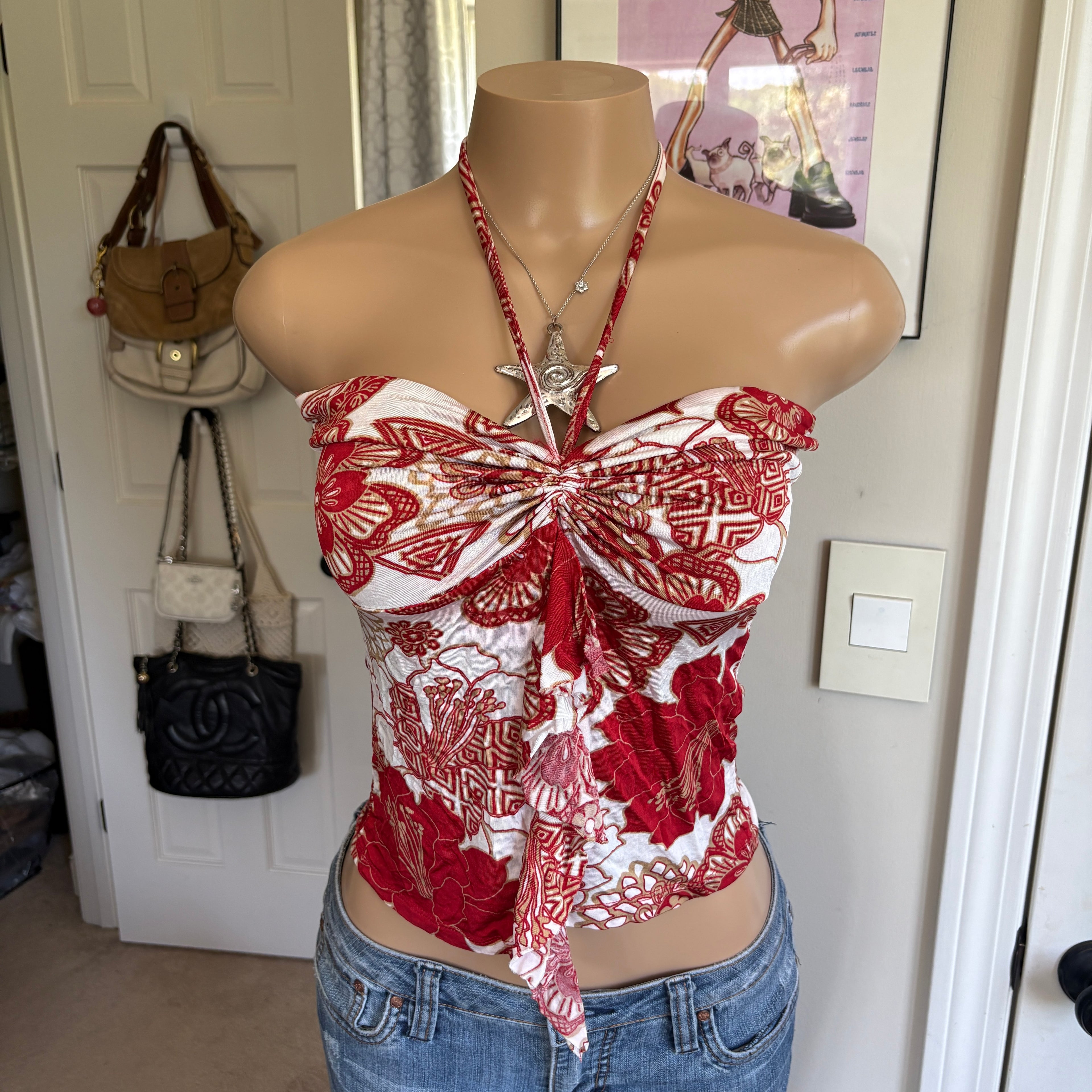 00s red & white floral halter top (size S/M)
