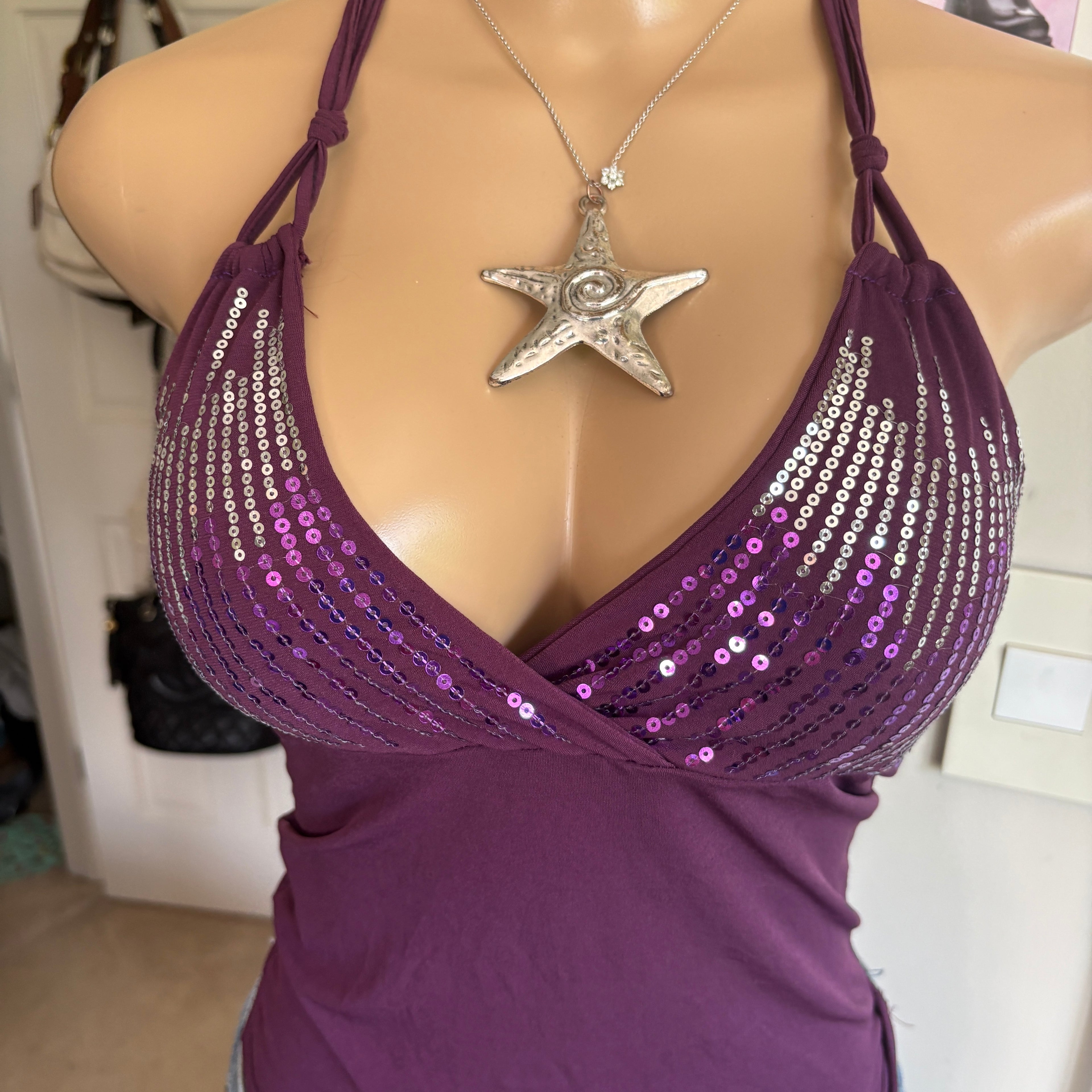 00s purple sequin v neck halter top (size S/M)