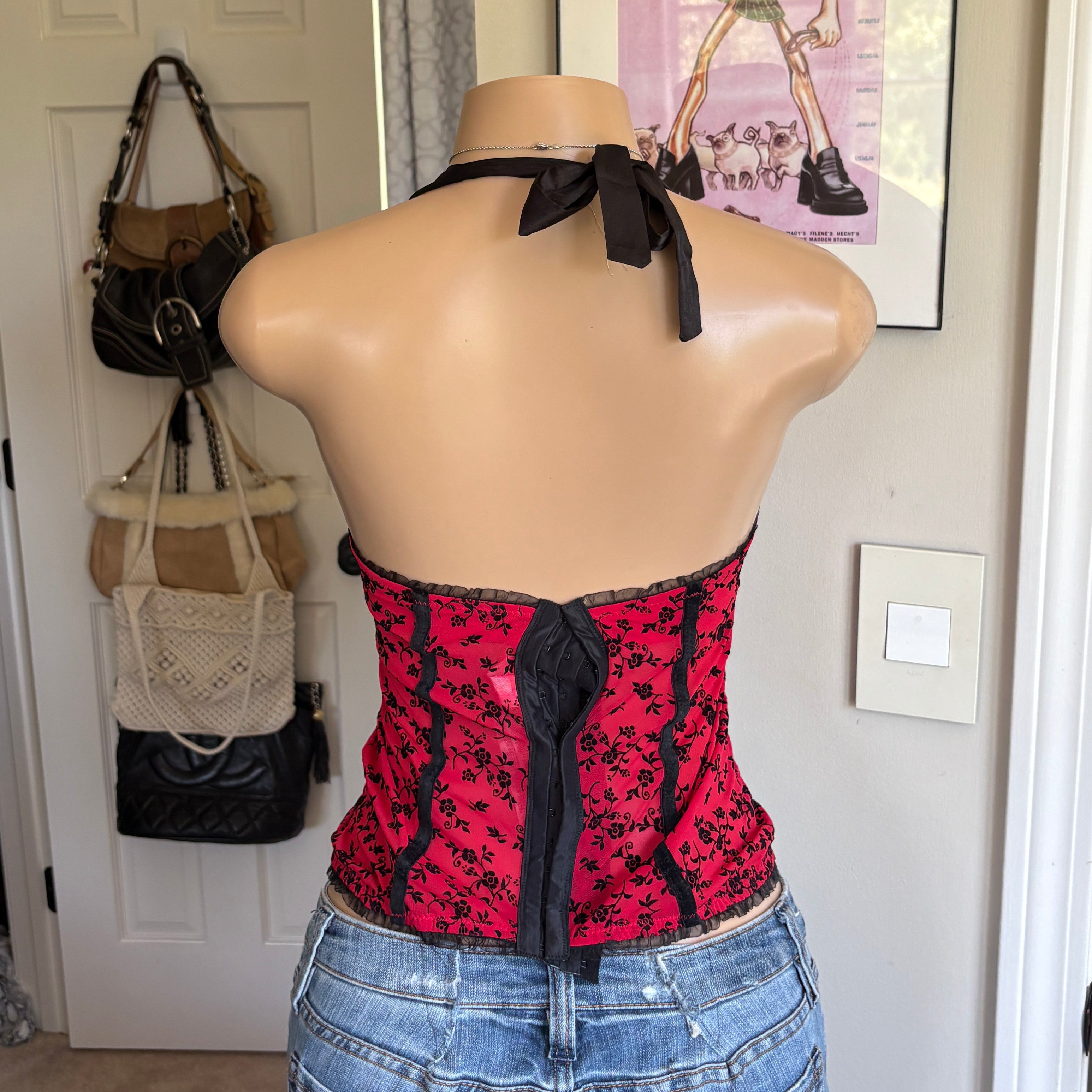 00s red floral halter bustier corset top (size 34B)