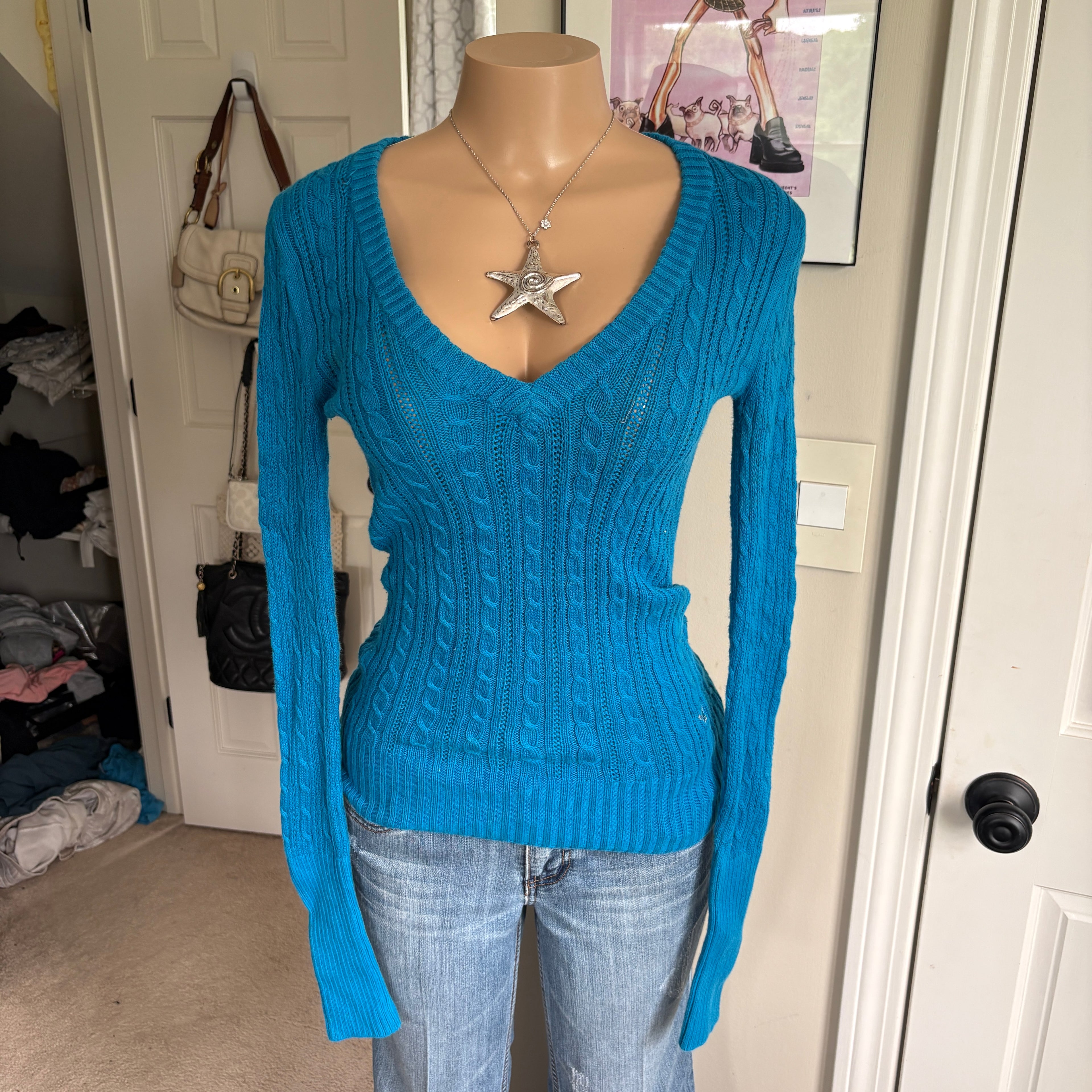00s American Eagle blue fitted sweater top (size S)