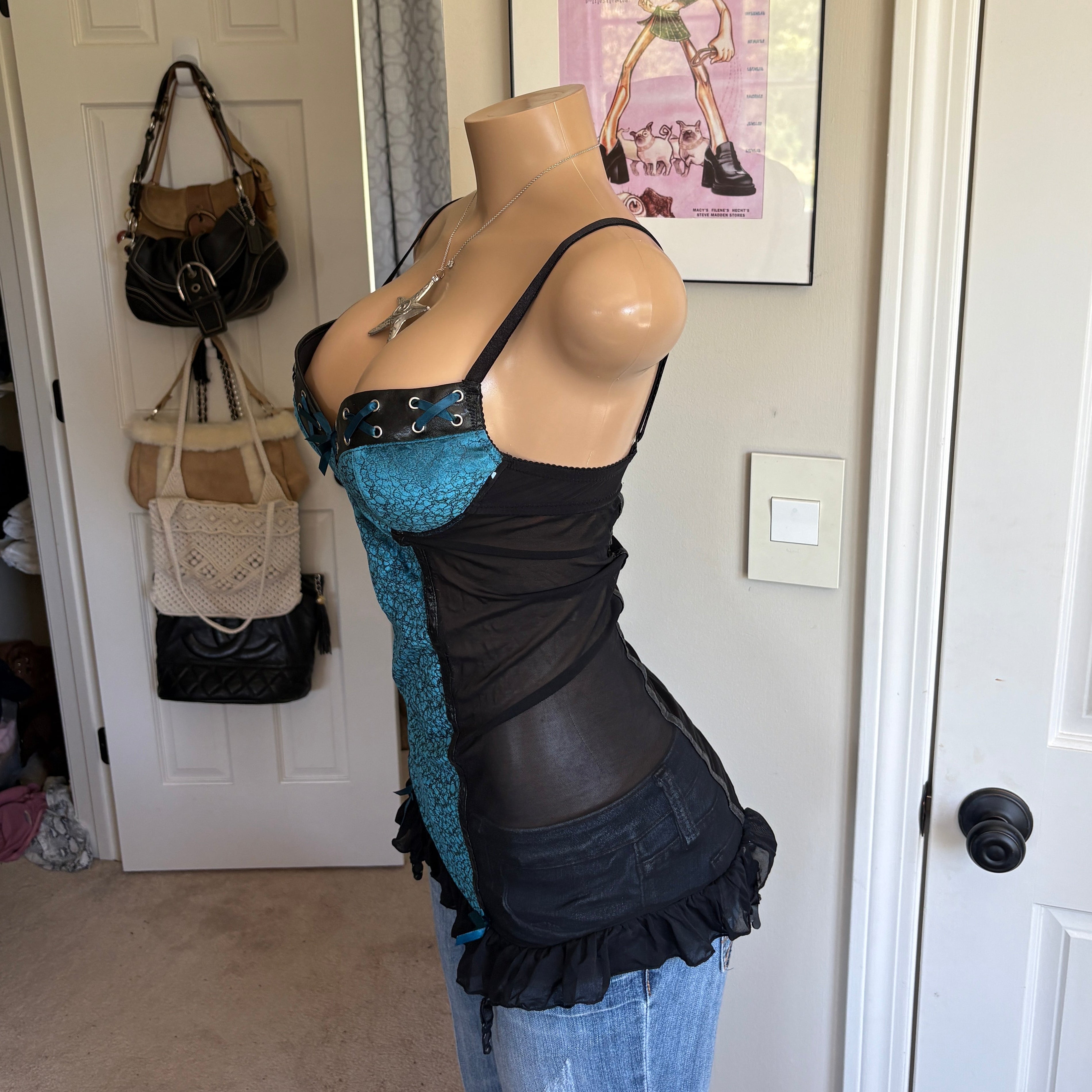 00s blue velvet grommet lingerie top (size M)
