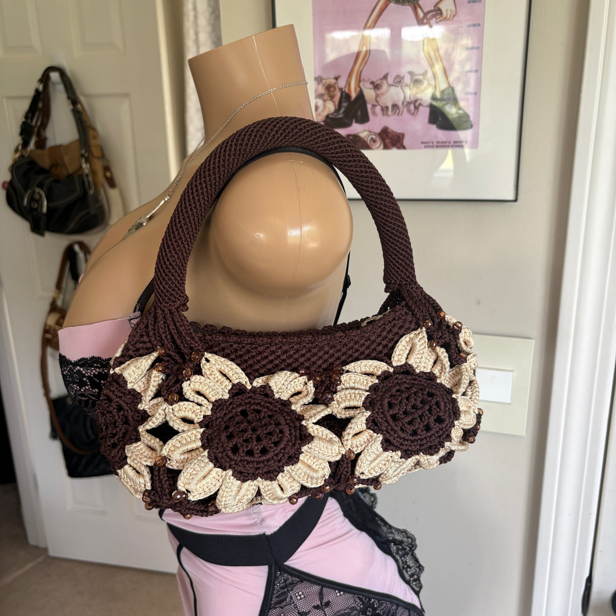 00s brown floral crochet shoulder bag