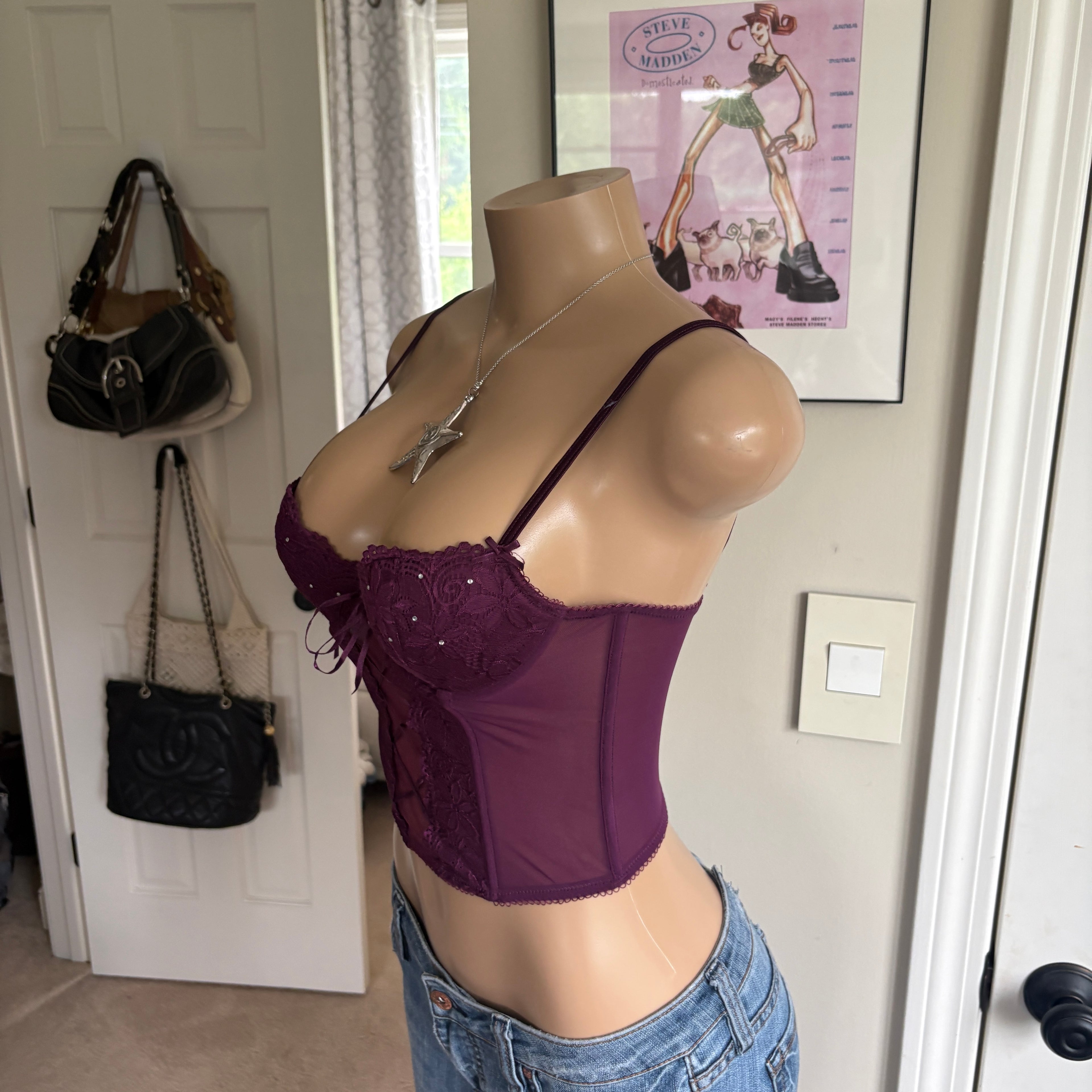 00s purple floral lace up bustier corset top (size 34A)