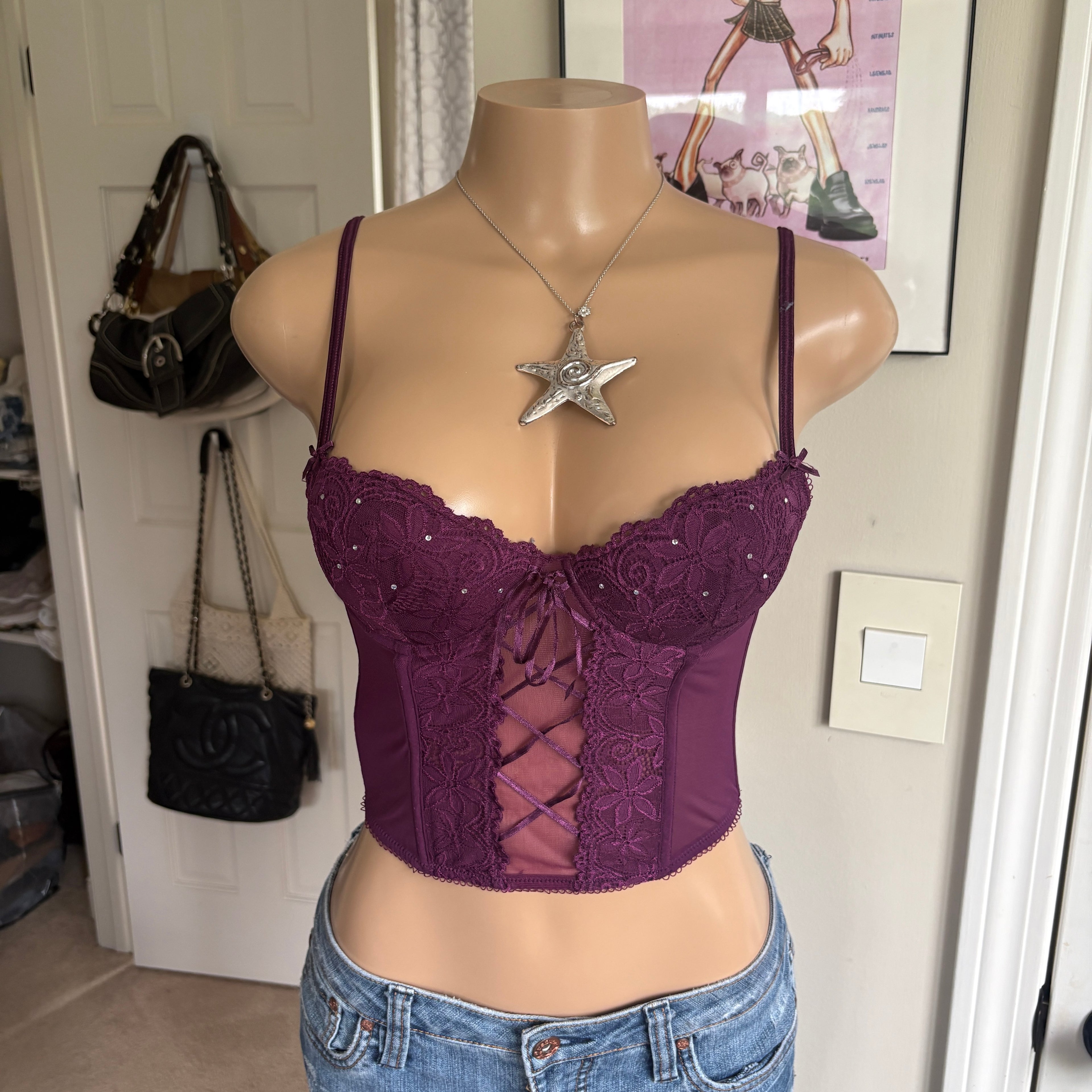 00s purple floral lace up bustier corset top (size 34A)
