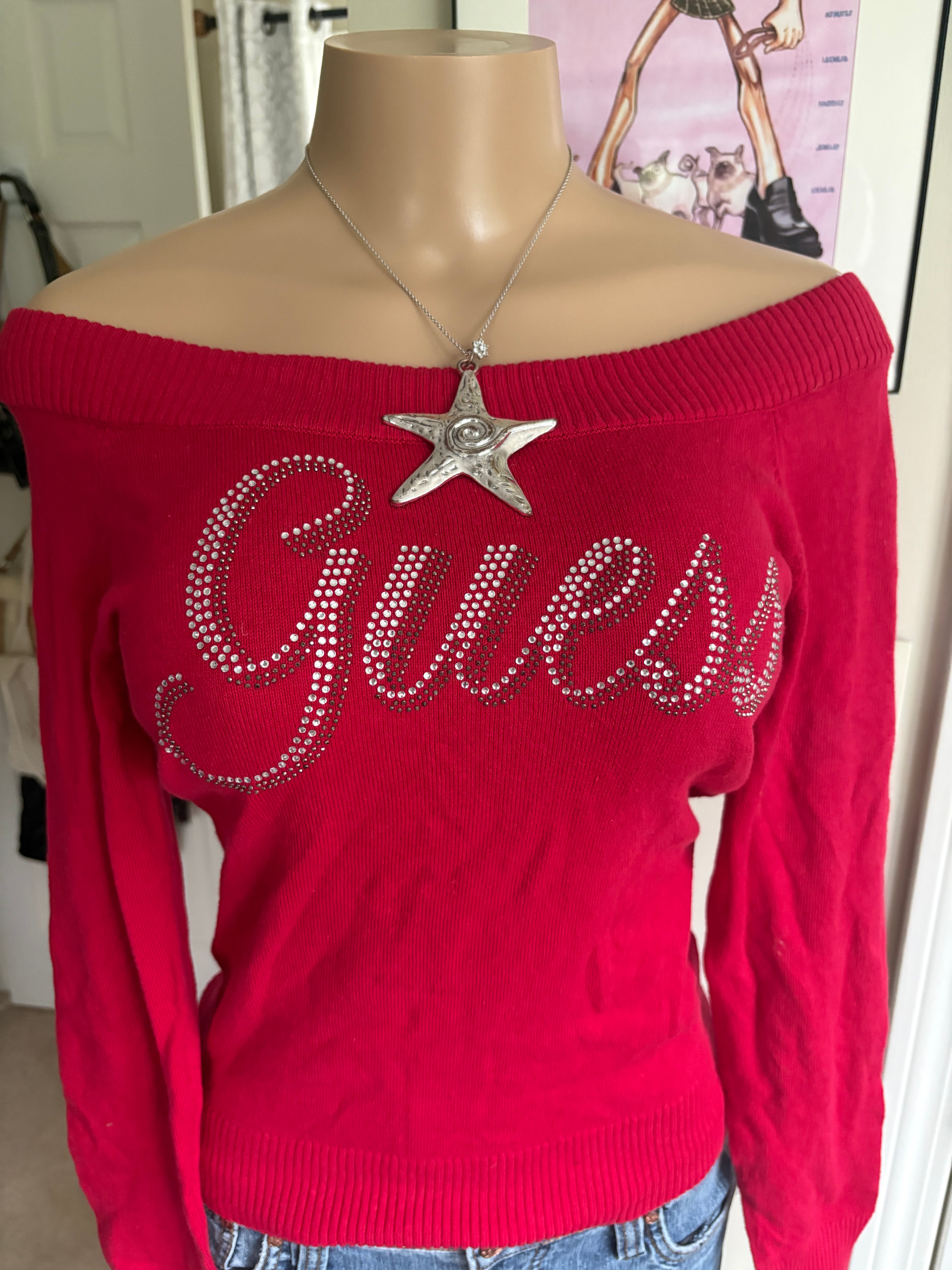 00s Guess red rhinestone spellout sweater (size M)