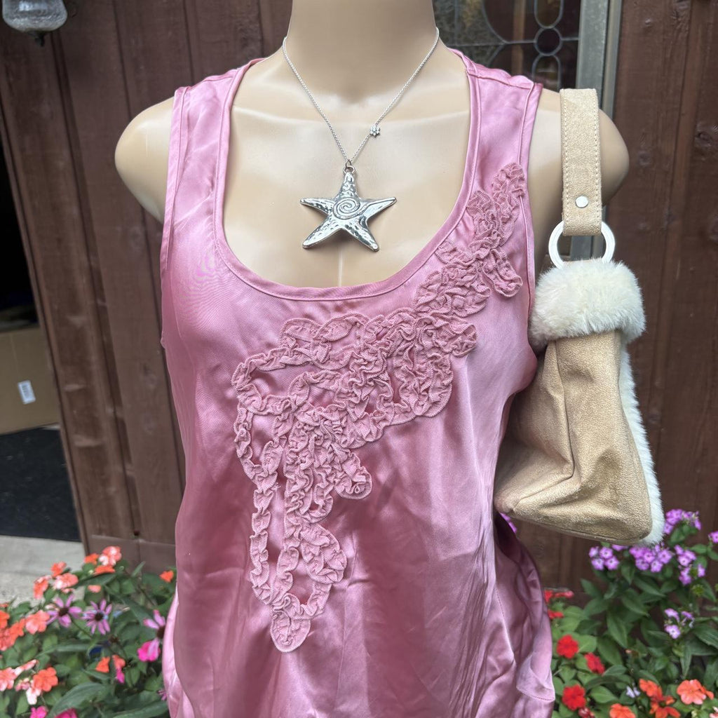 Y2K 2000s fairy Pink Satin Ruffle tank Top