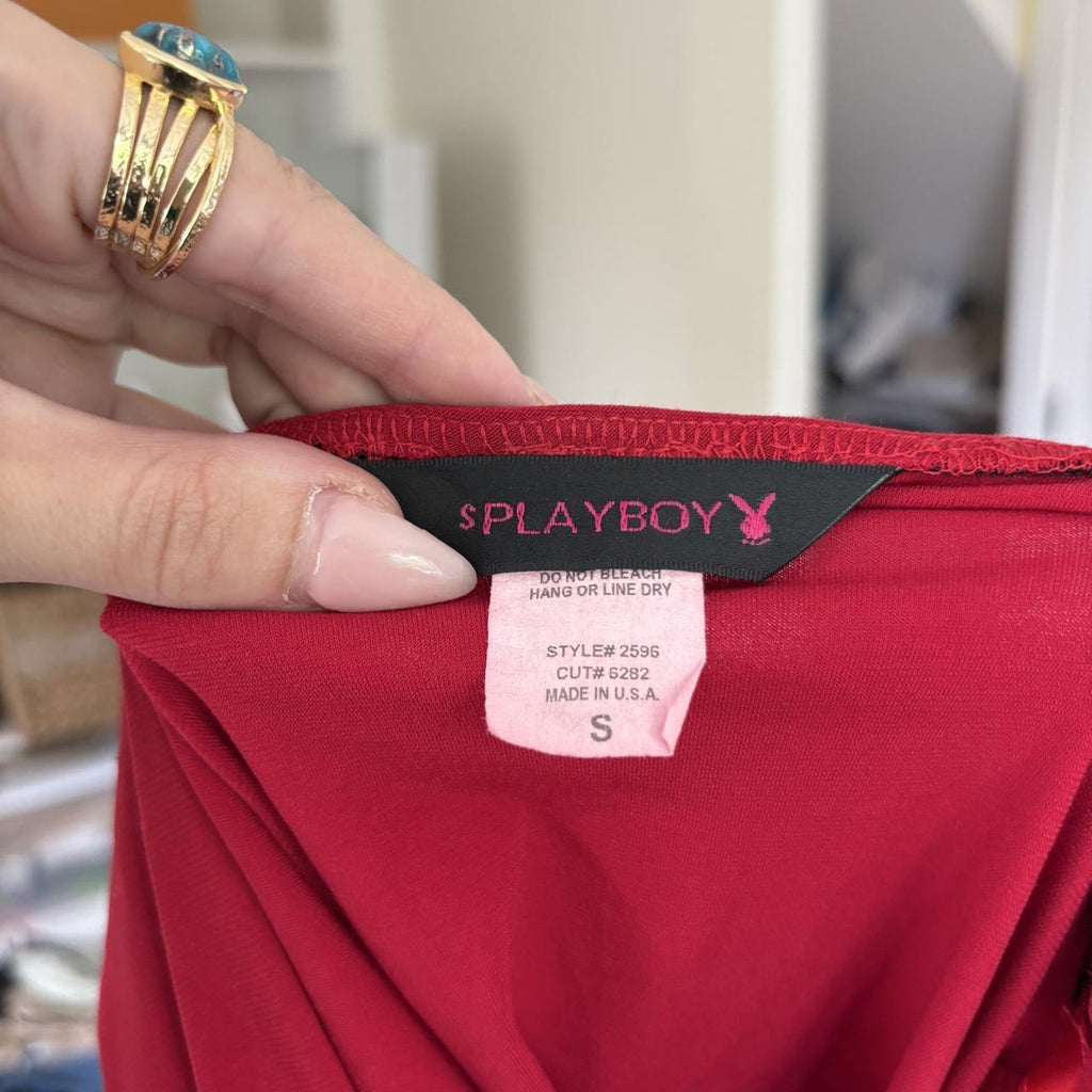 y2k vintage Playboy red draped cowl neck halter top