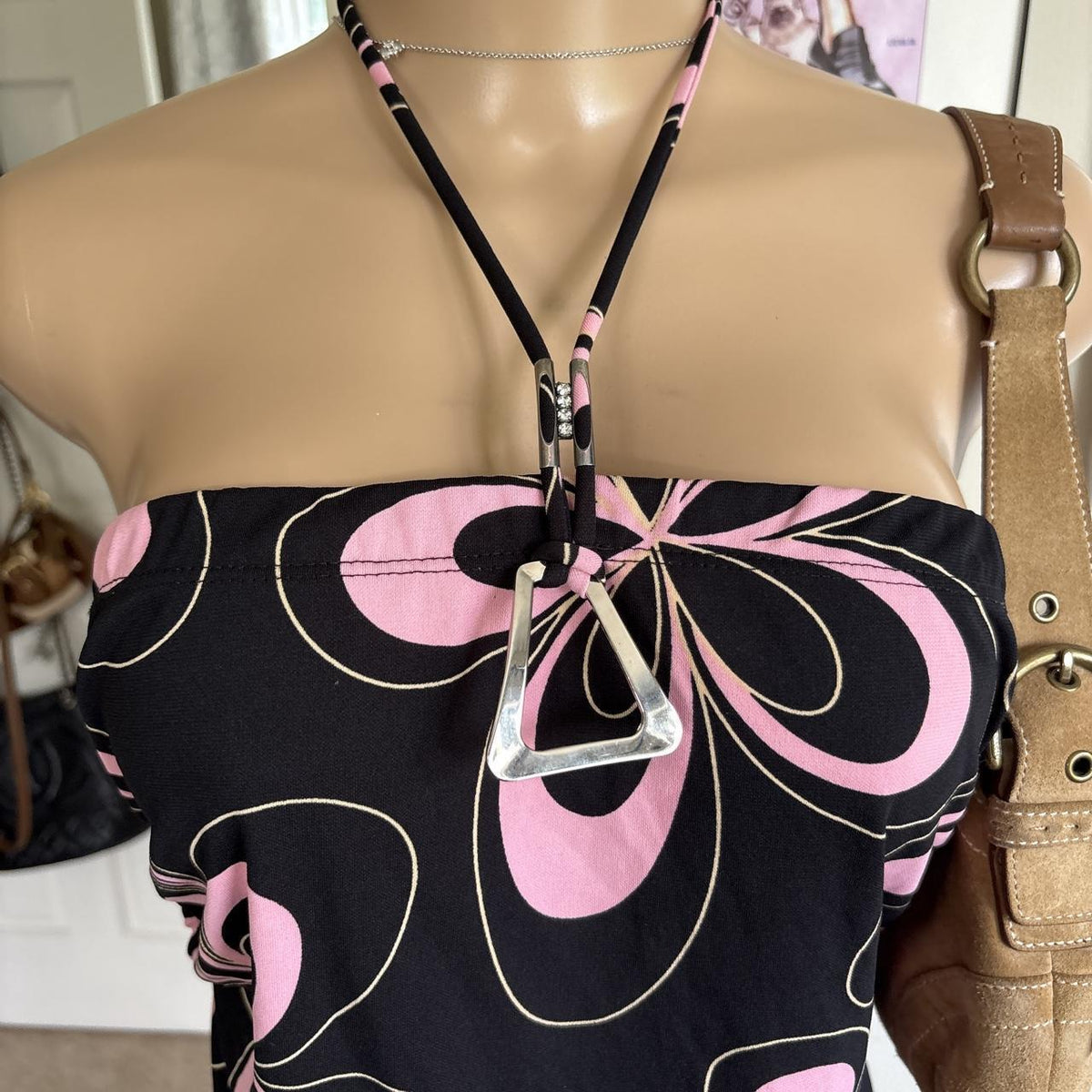 y2k 2000s black pink retro floral halter top