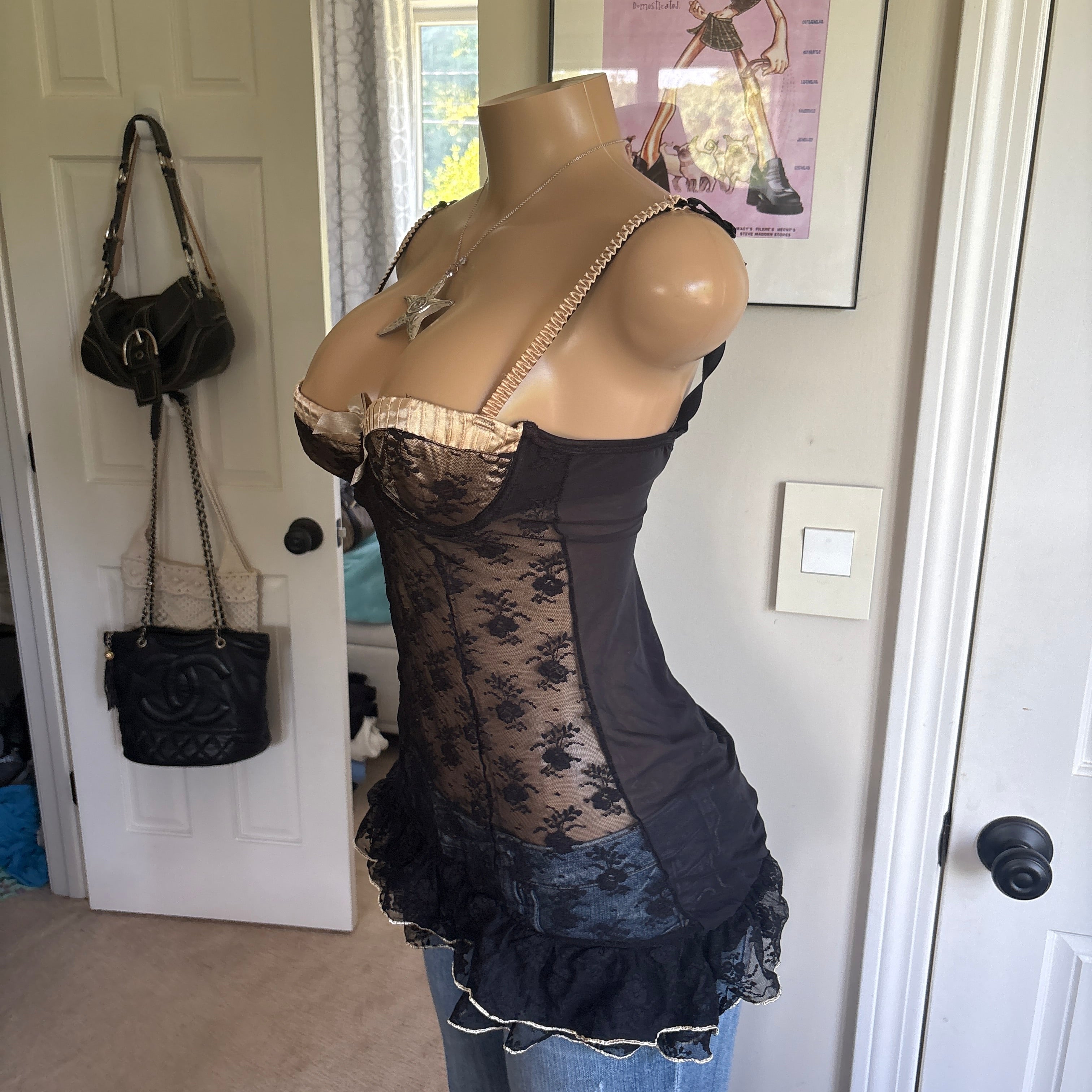 00s black lace lingerie bustier top (size S)