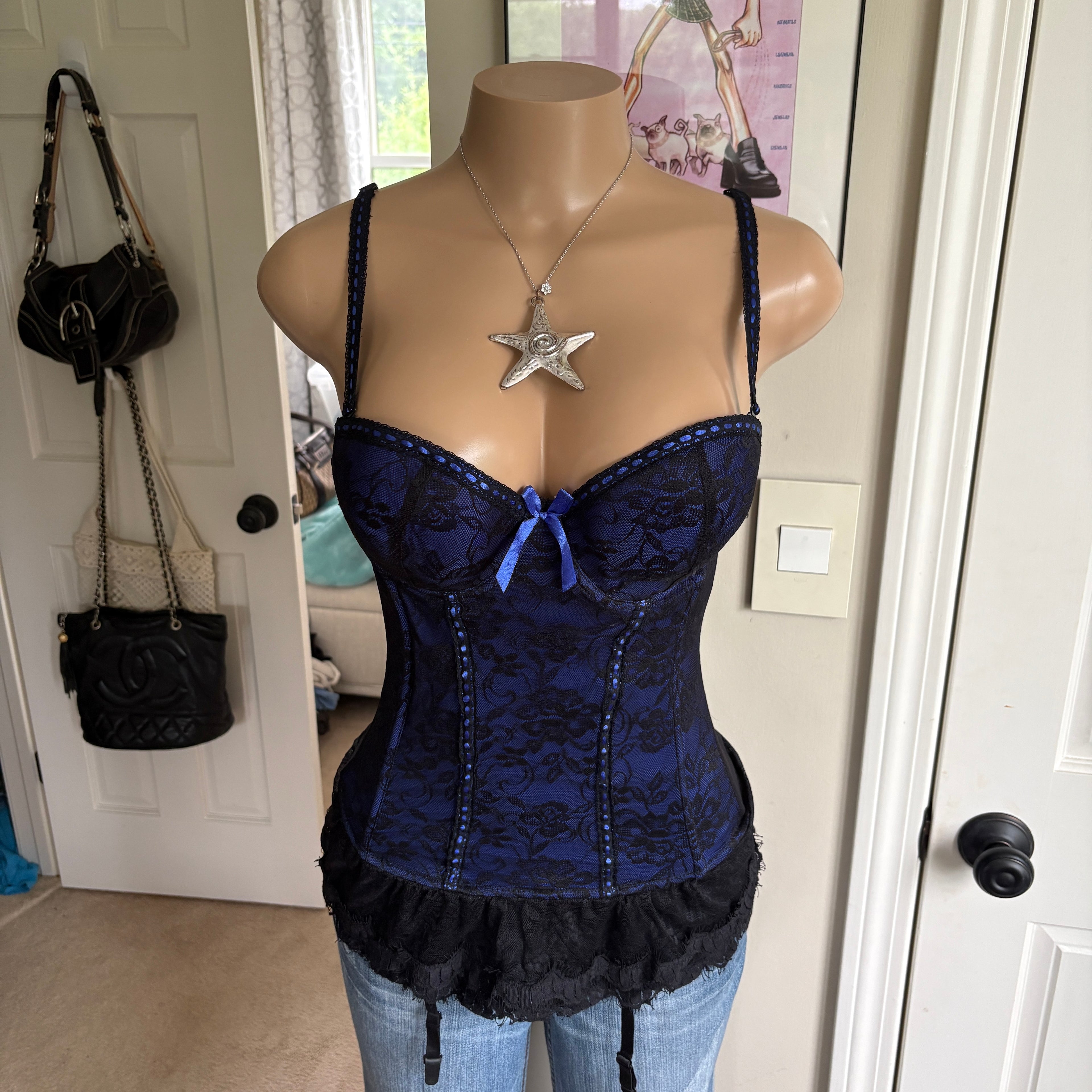 00s blue & black lace bustier corset top (size L)