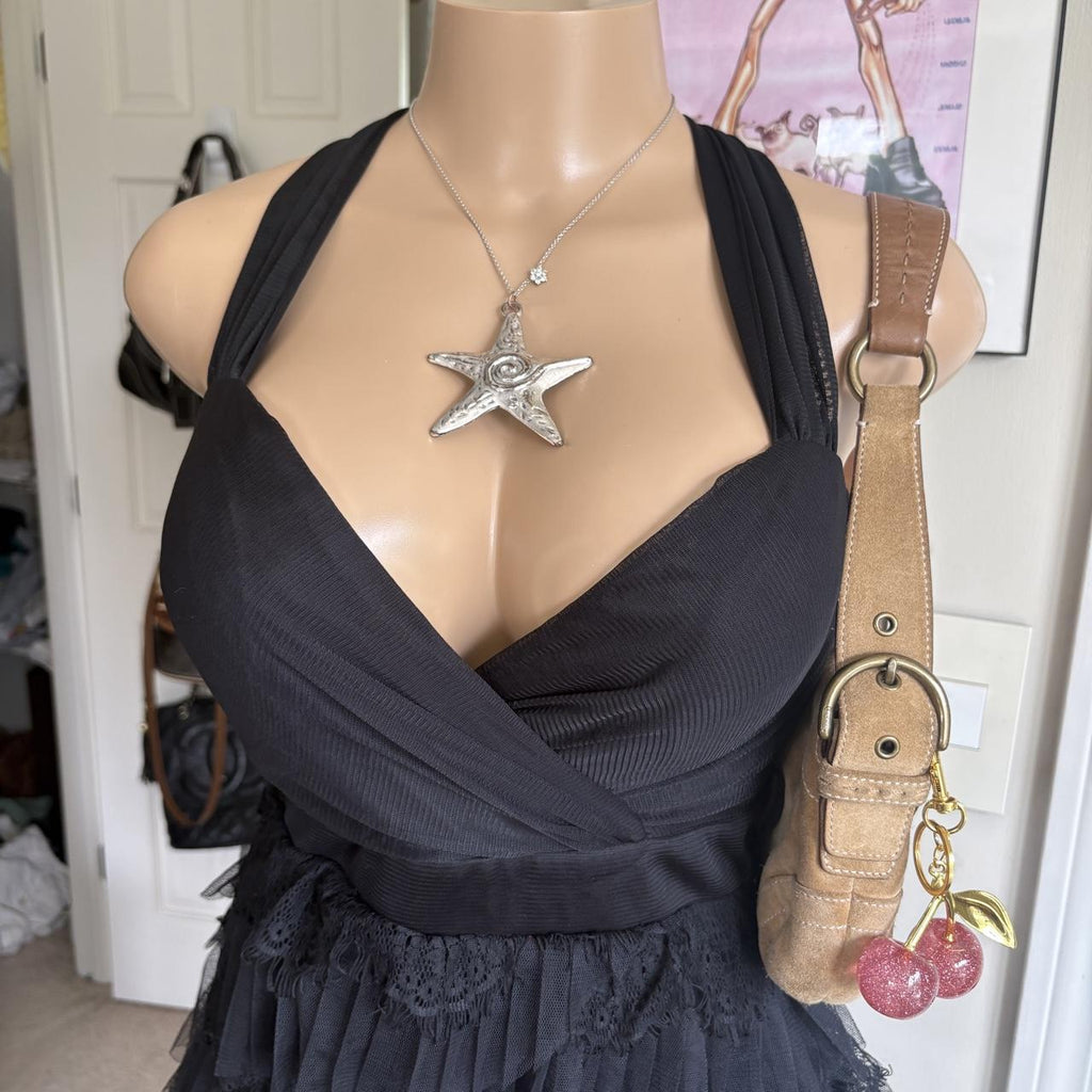 y2k 2000s Morgan de Toi black lace ruffle halter dress