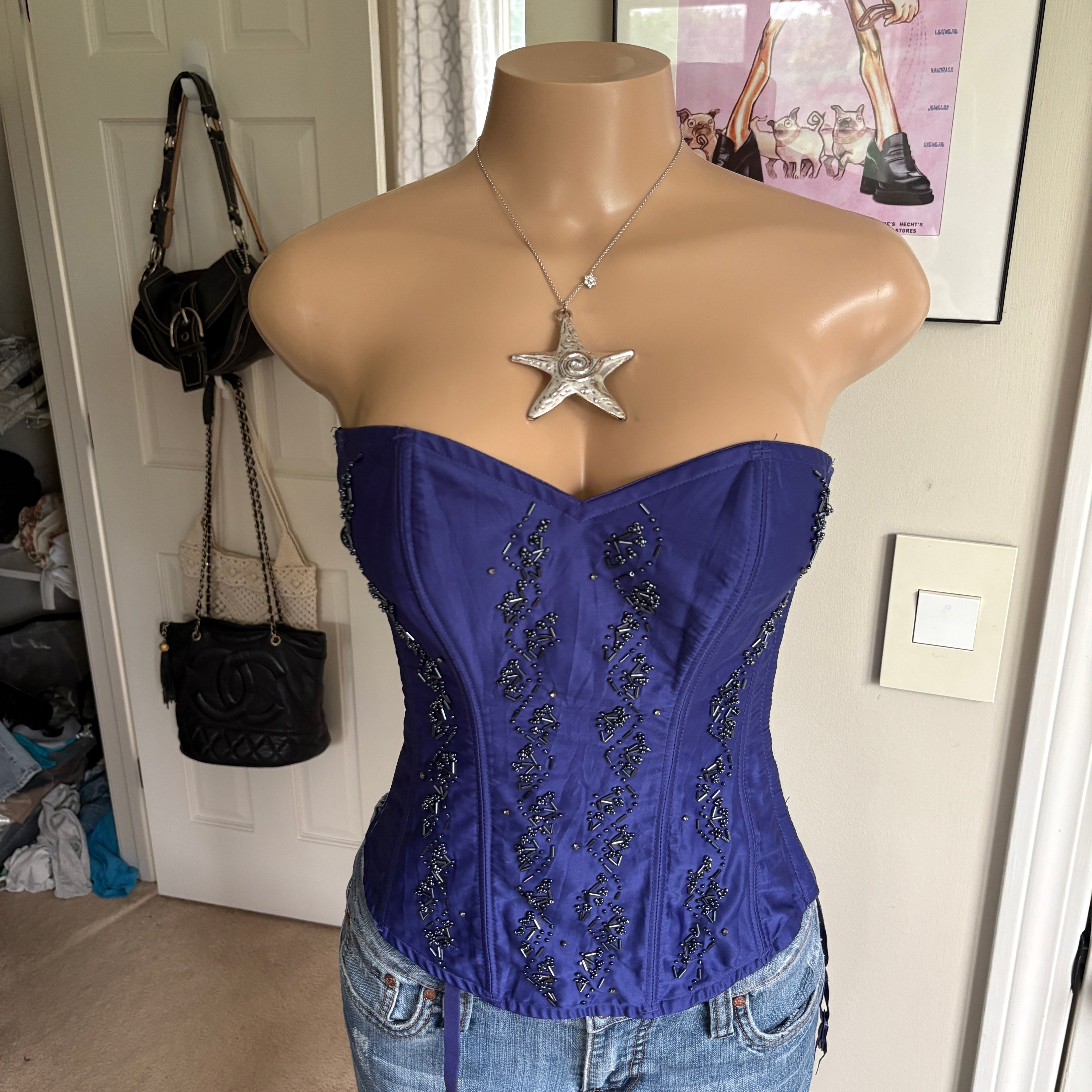 00s Frederick's of Hollywood blue beaded corset top (size S)