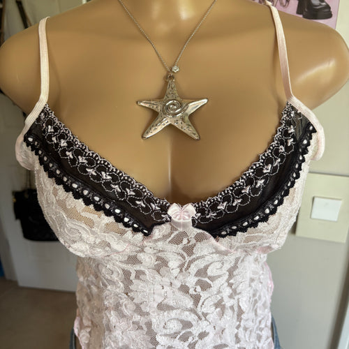 00s baby pink & black bow lace cami (size L)