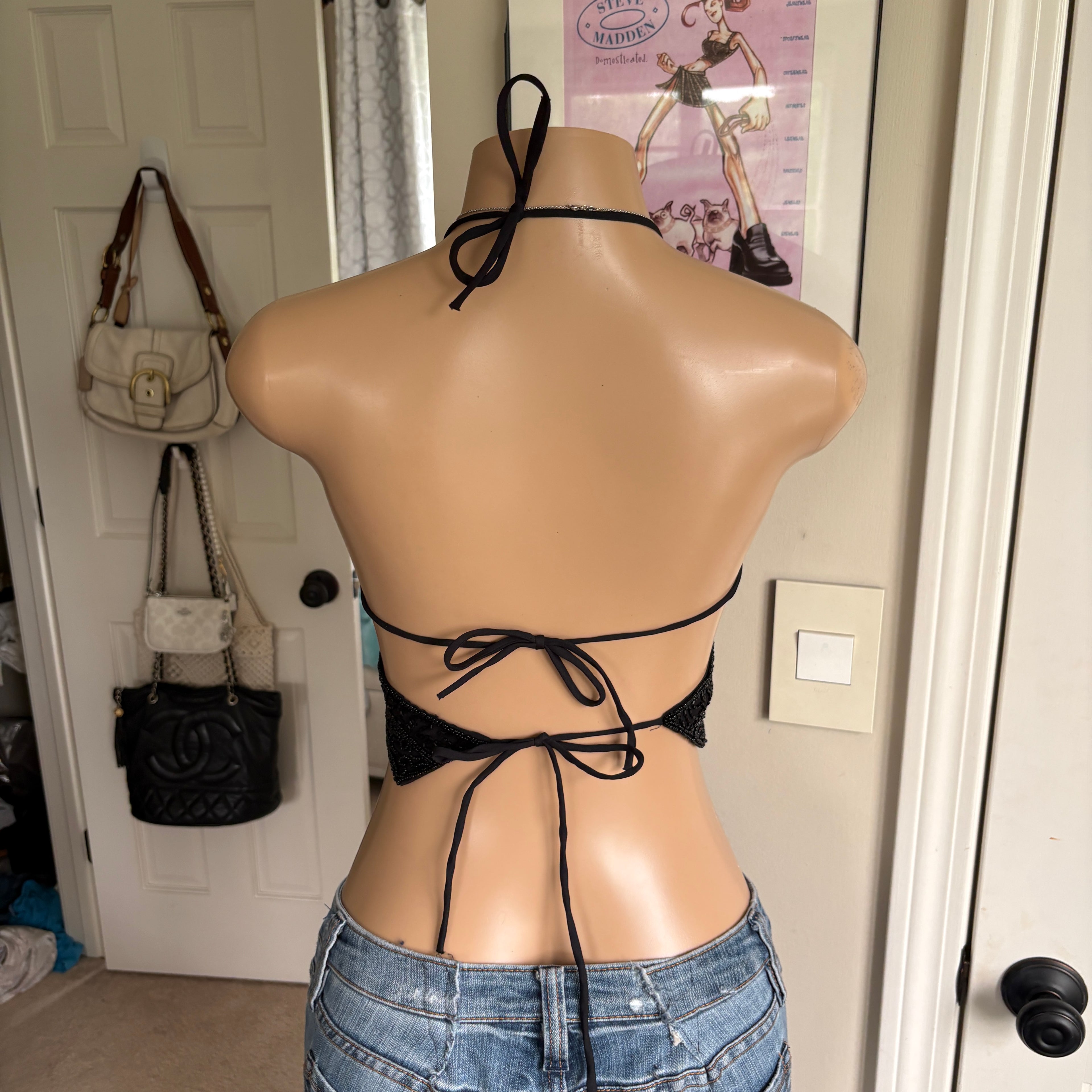 00s black beaded butterfly halter top (size S)