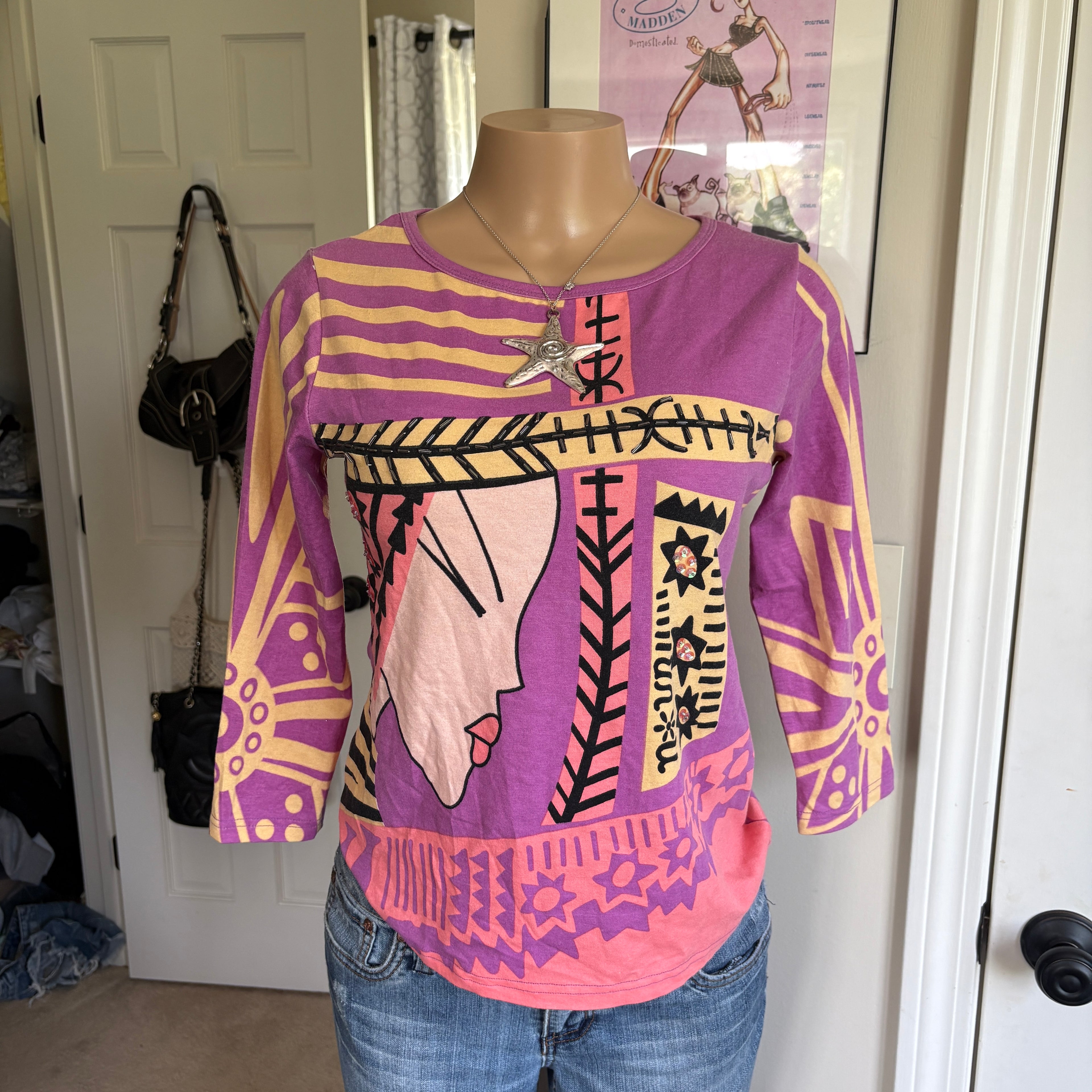 00s Custo Barcelona purple bold abstract face top (size M/L)