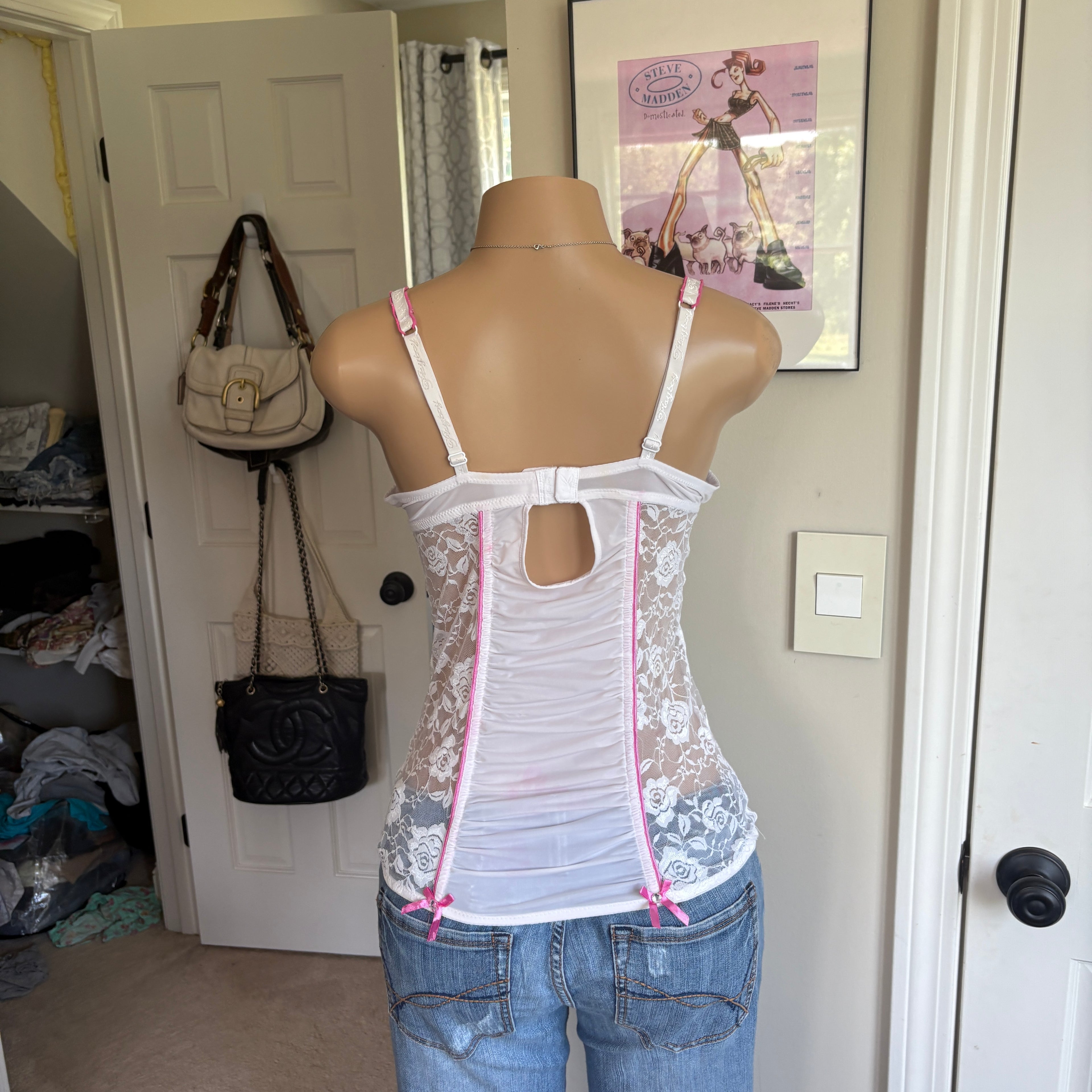 00s Playboy white and pink lace bustier top (size M)