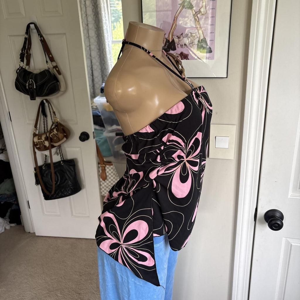 y2k 2000s black pink retro floral halter top
