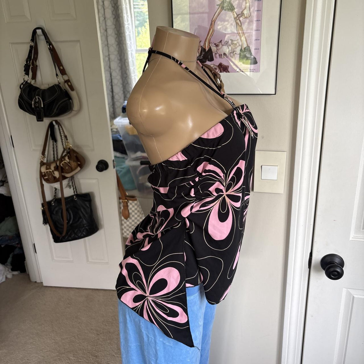 y2k 2000s black pink retro floral halter top