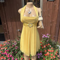 Y2K 2000s Yellow Rhinestone Buckle Halter tie back Dress