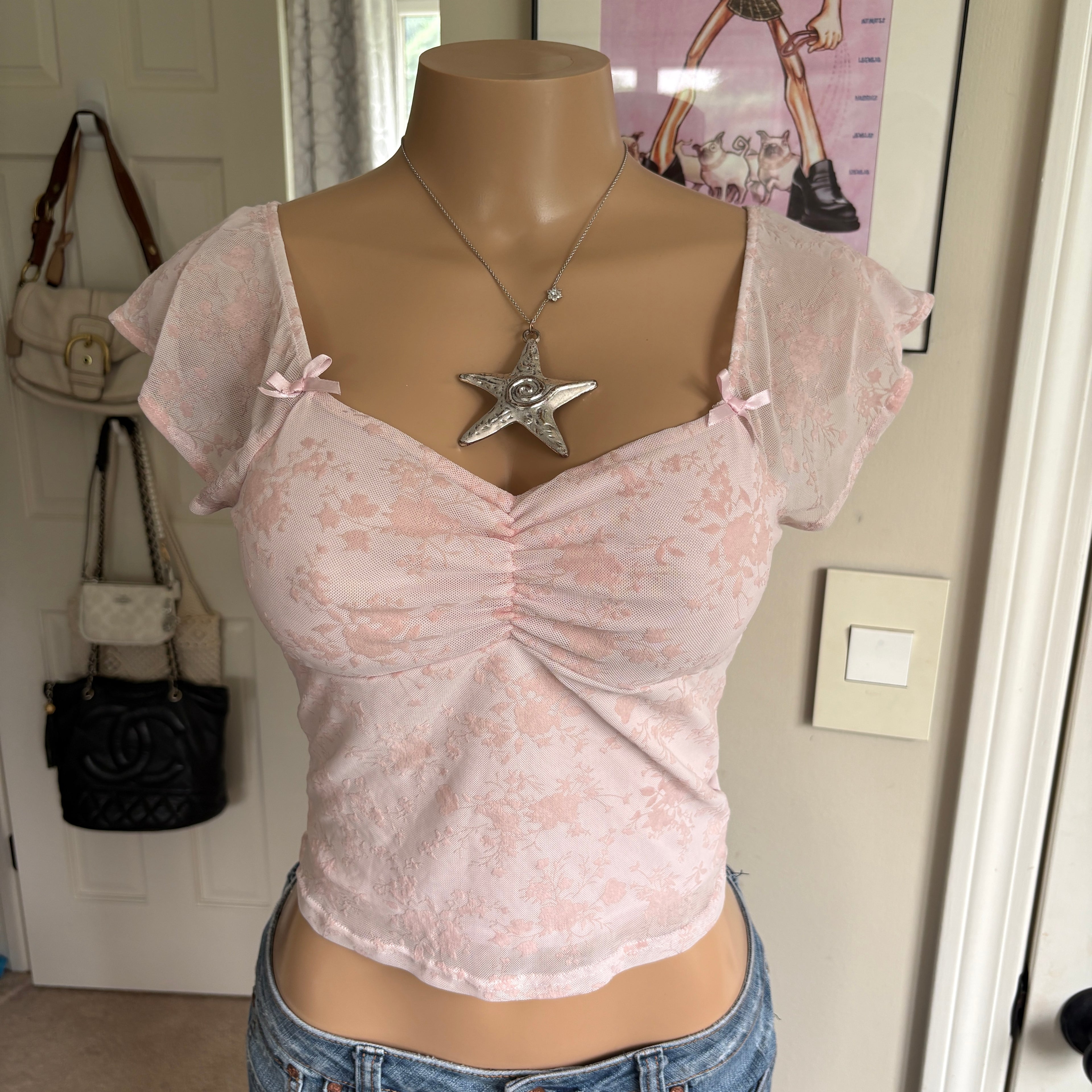 00s baby pink floral bow top (size XS)
