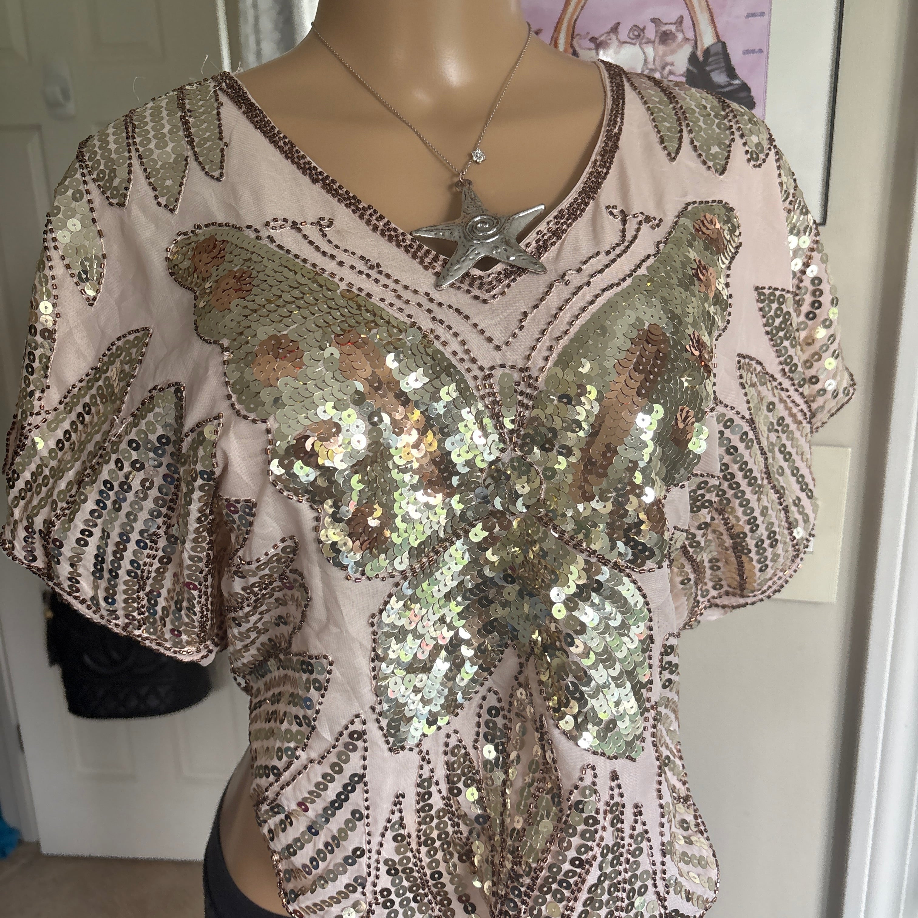 00s butterfly sequin batwing poncho top (size M)