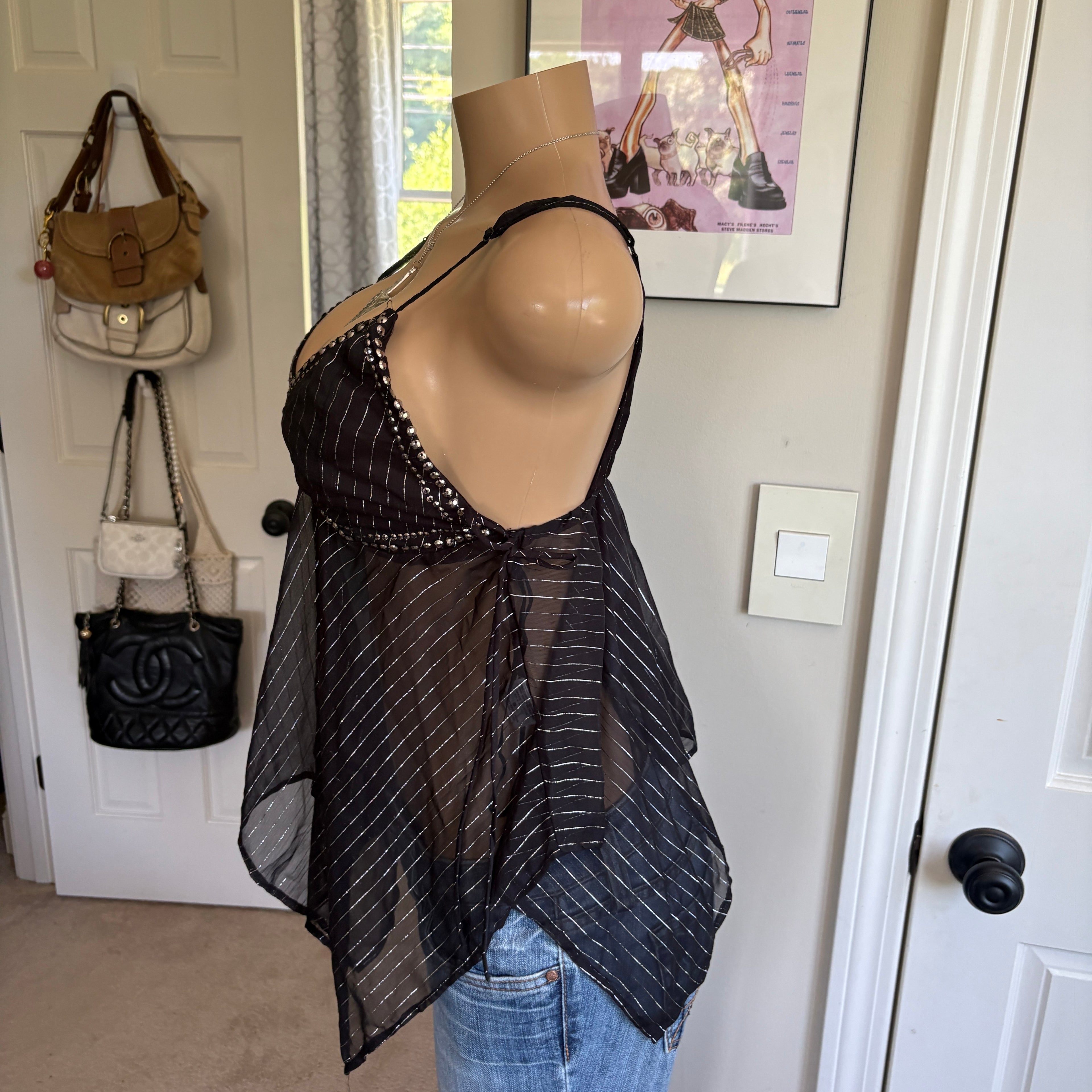 00s black beaded striped v neck cami (size S)
