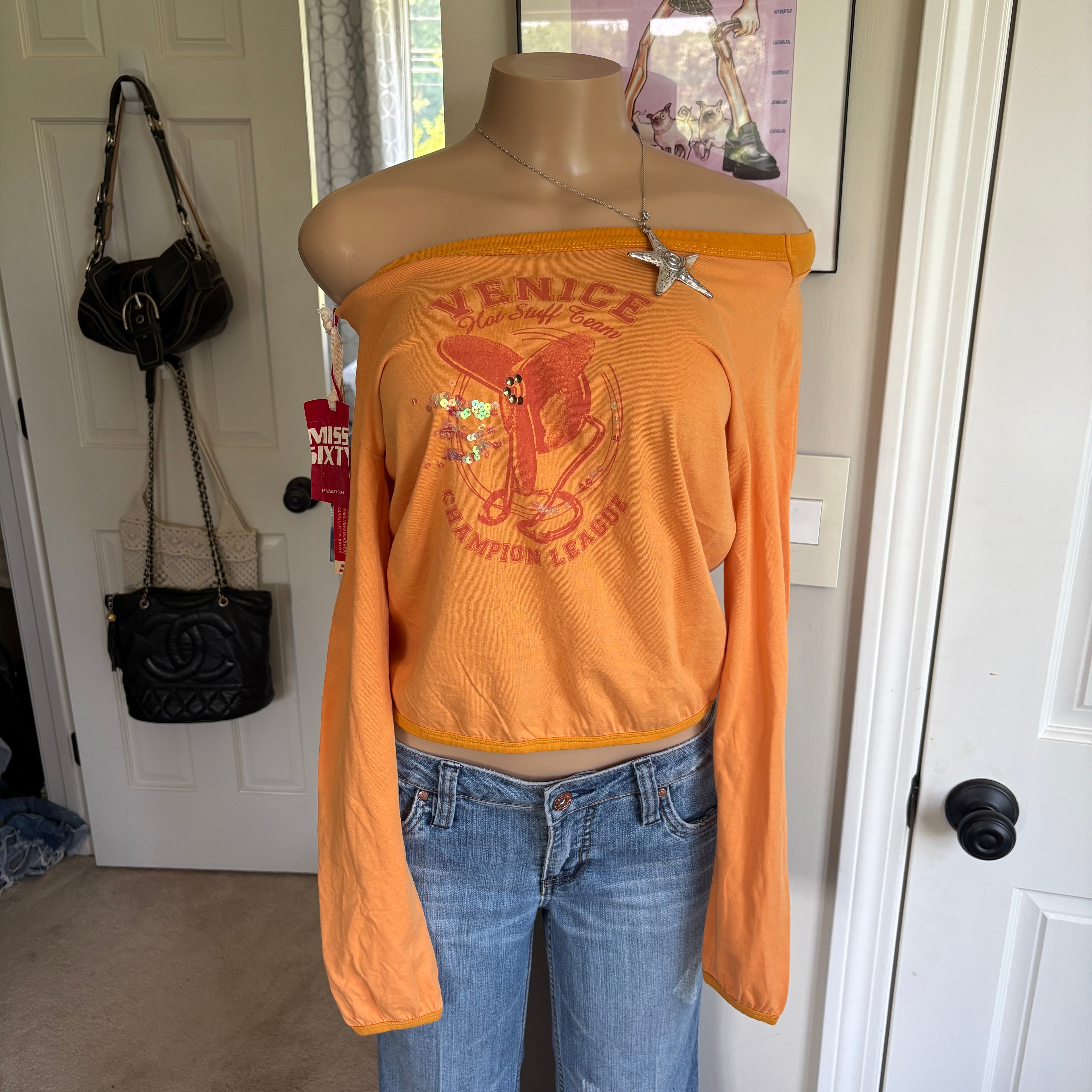 00s Miss Sixty orange graphic long sleeve top (size M)