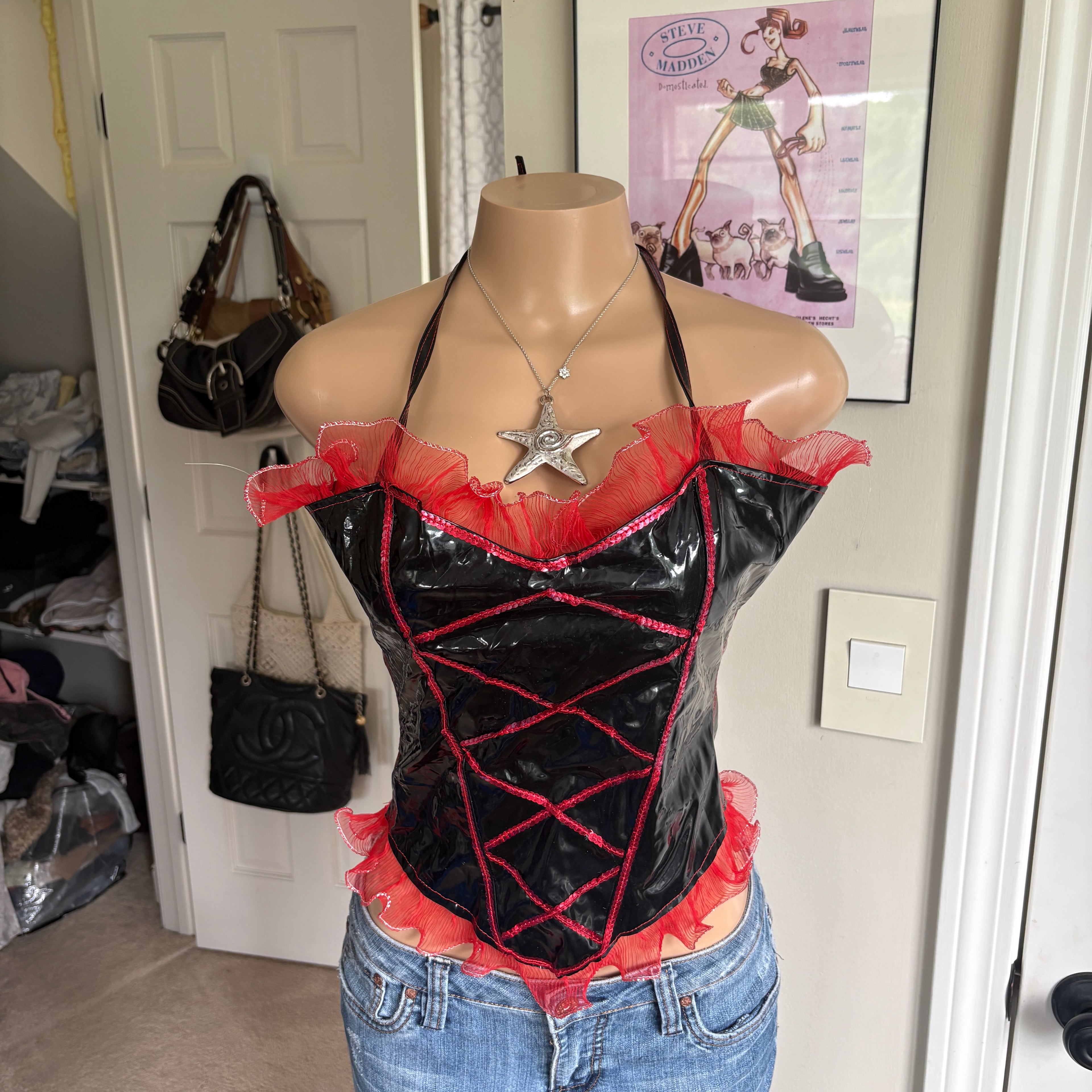 00s black & red latex corset halter top (size M)