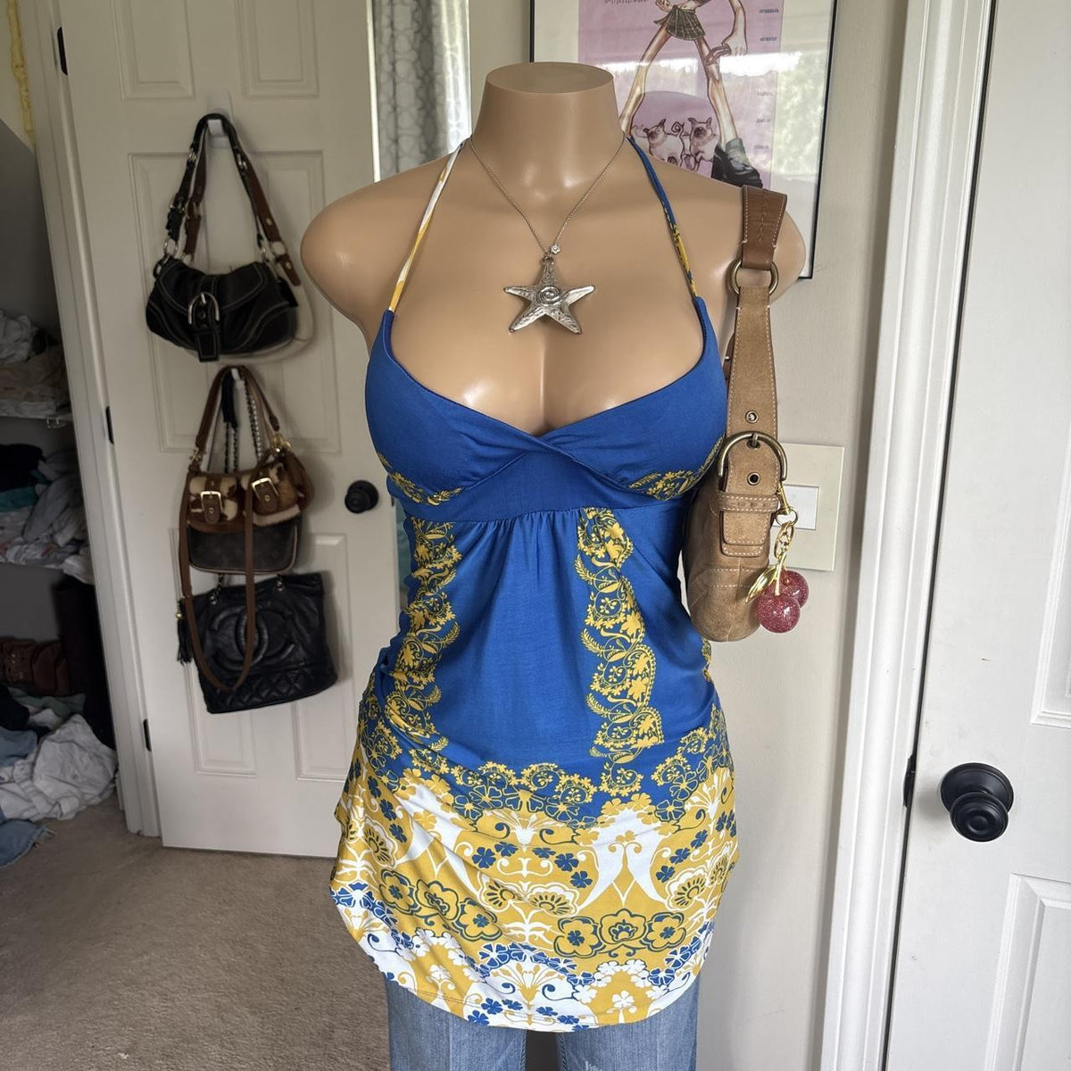 Y2K 2000s Blue Yellow Halter Top