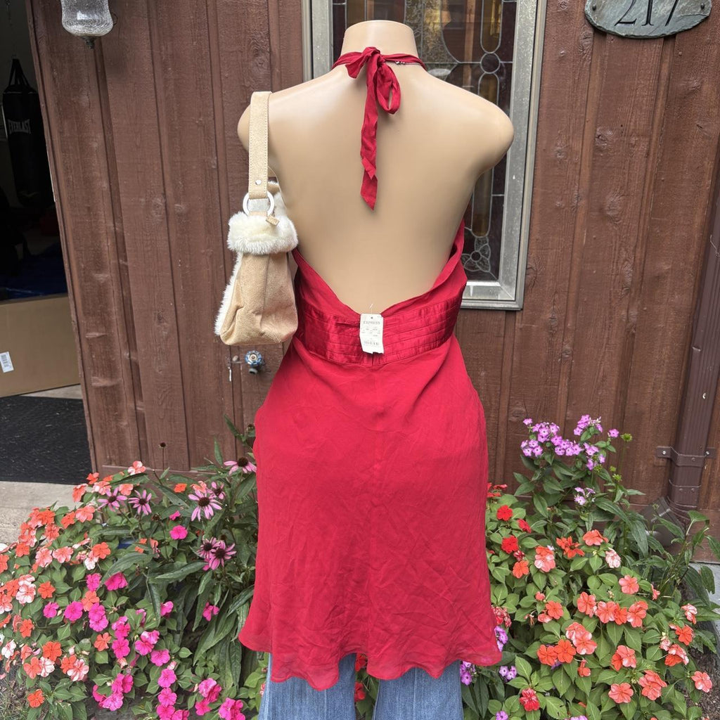 Y2K 2000s Express silk Red Halter Plunge babydoll dress